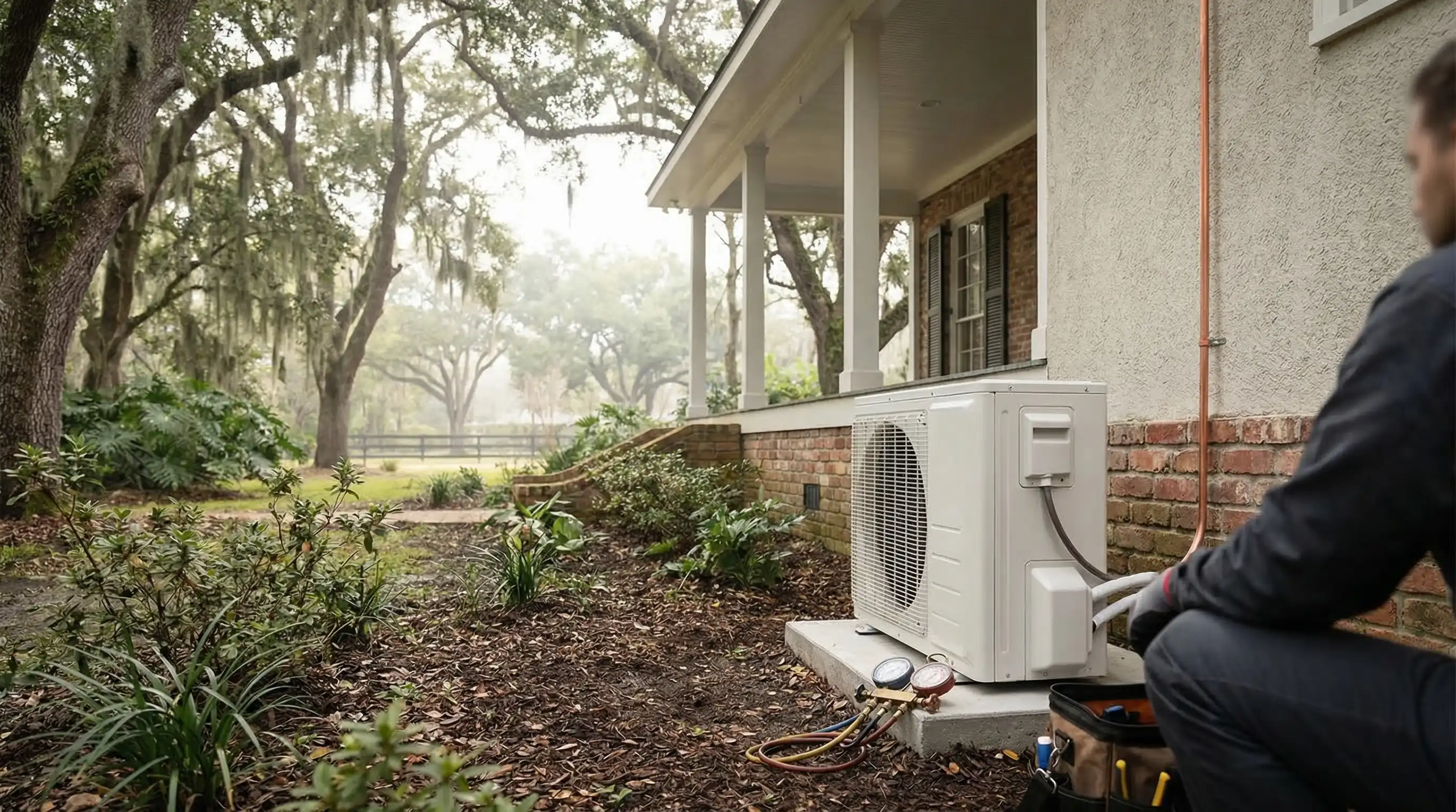 Professional HVAC technician servicing a split-system air conditioner outside a residential home in Baton Rouge, LA