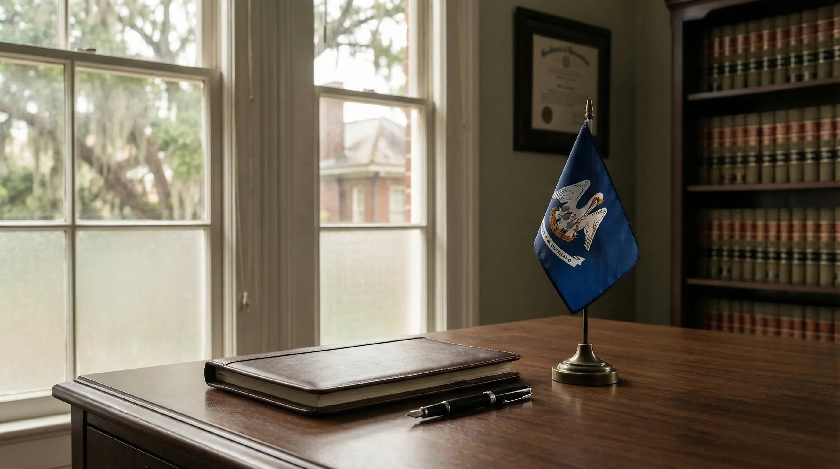 Professional law office interior with legal documents and Louisiana state flag in Baton Rouge, LA