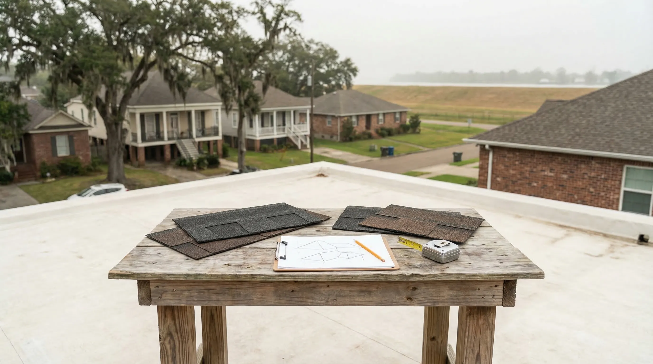 Roofing contractor inspecting storm damage on a residential home in Baton Rouge, LA with live oak trees in the background