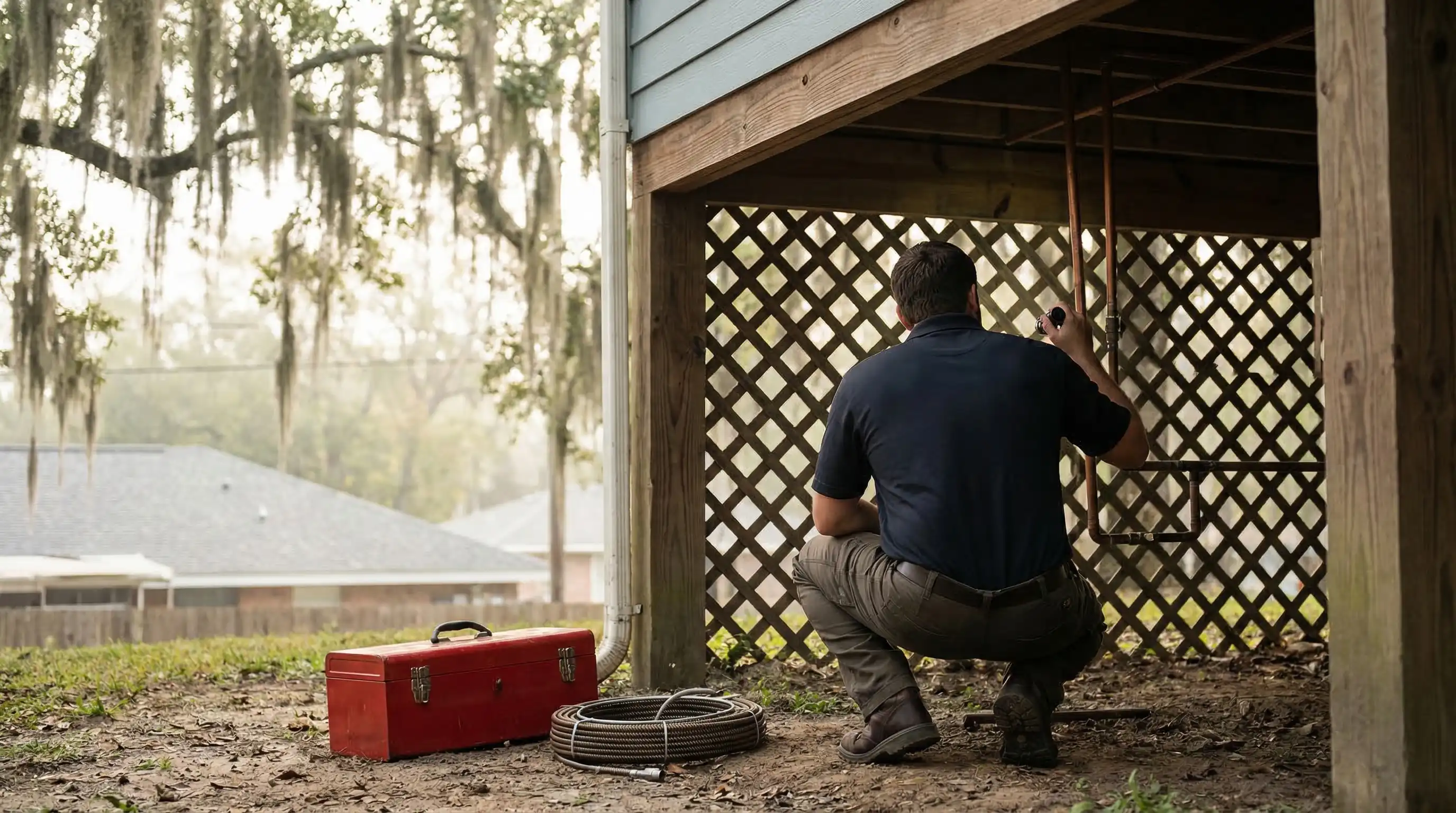 Professional plumber inspecting under-slab pipes at a Baton Rouge residential property, with live oak trees and subtropical landscaping visible in the background.