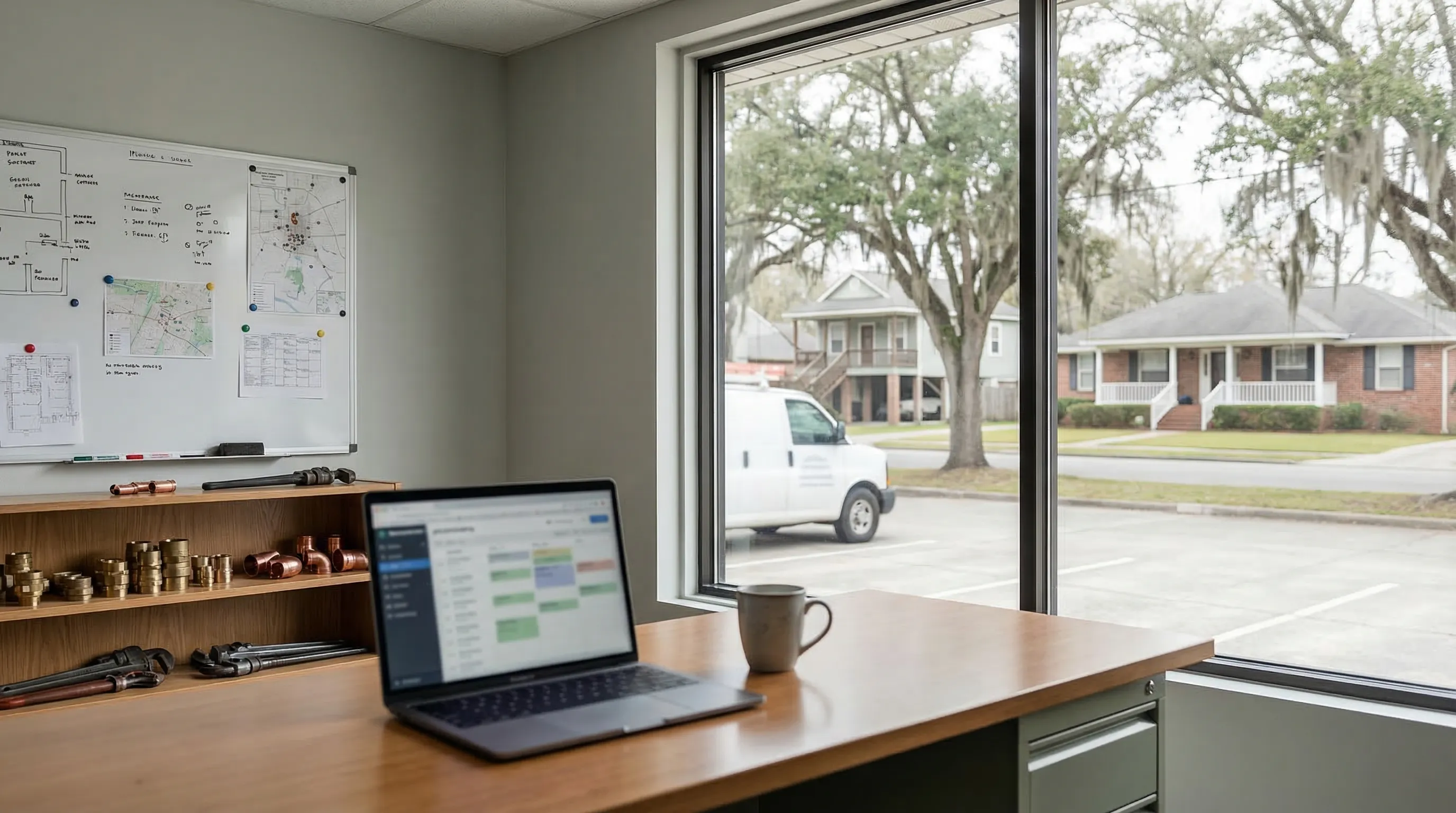 Professional plumber inspecting under-slab pipes at a Baton Rouge residential property, with live oak trees and subtropical landscaping visible in the background.