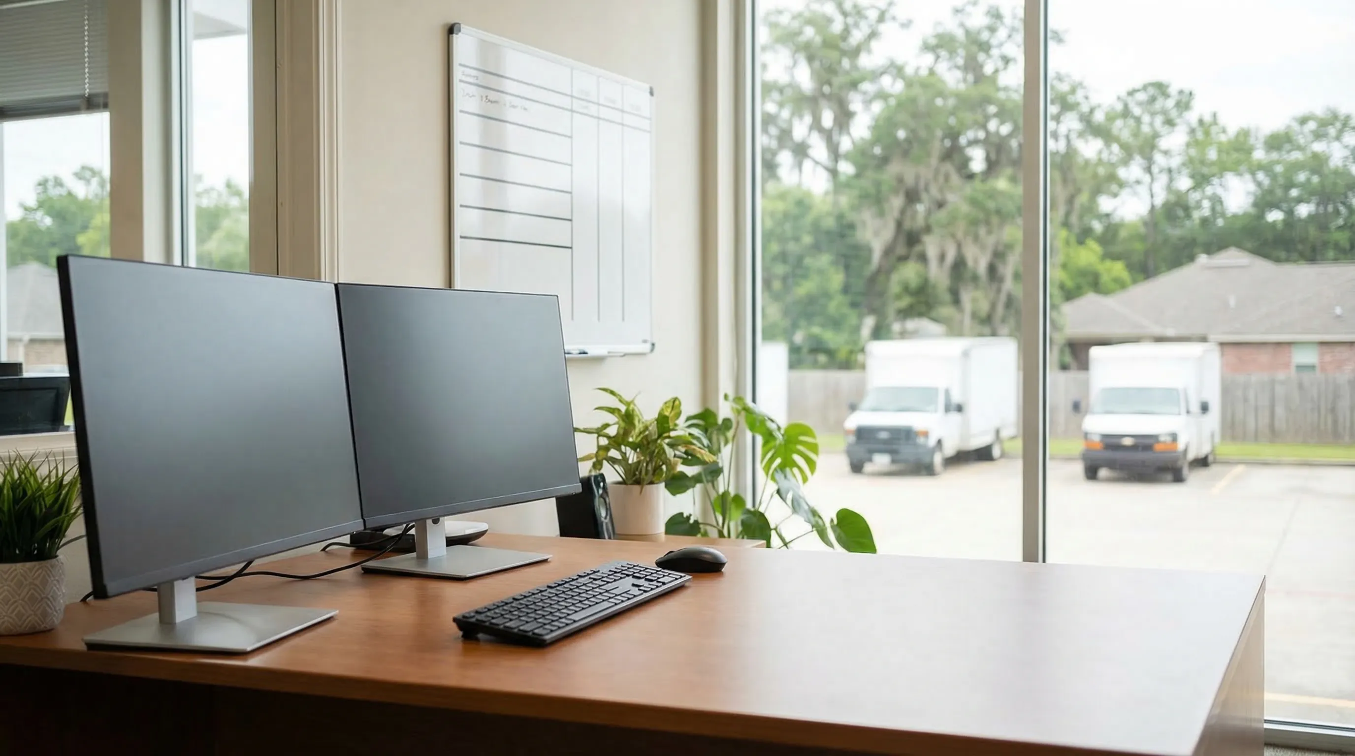 Professional moving crew loading furniture onto a branded moving truck in front of a Baton Rouge suburban home, with live oak trees and Spanish moss visible along the street.