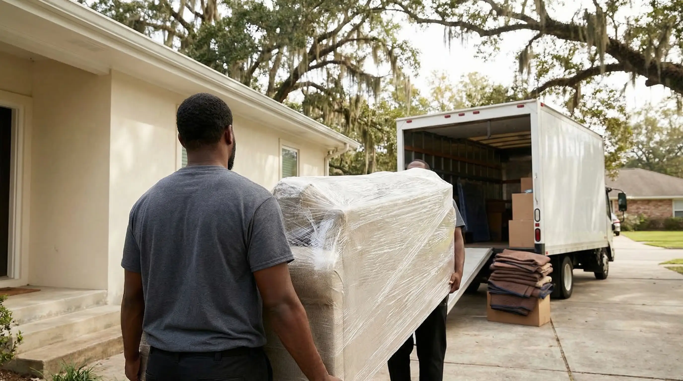 Professional moving crew loading furniture onto a branded moving truck in front of a Baton Rouge suburban home, with live oak trees and Spanish moss visible along the street.