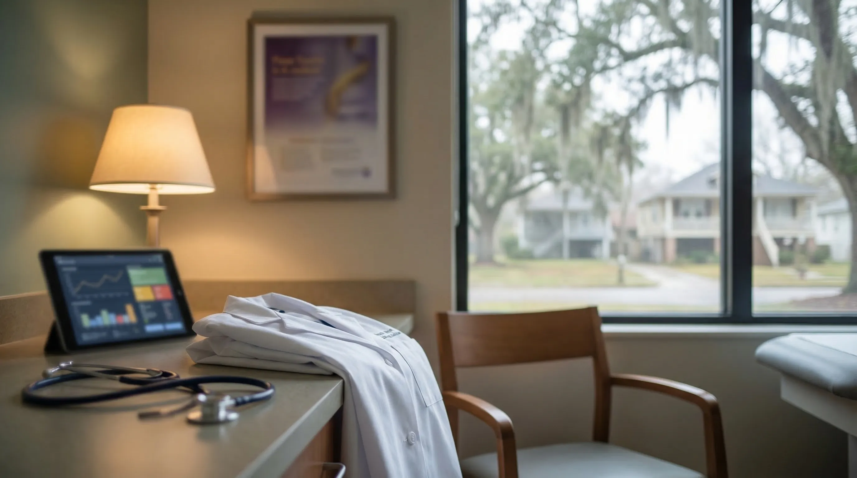 Professional physician in a white coat consulting with a patient in a clean, modern Baton Rouge clinic exam room, with a window showing a flat Louisiana suburban streetscape outside.