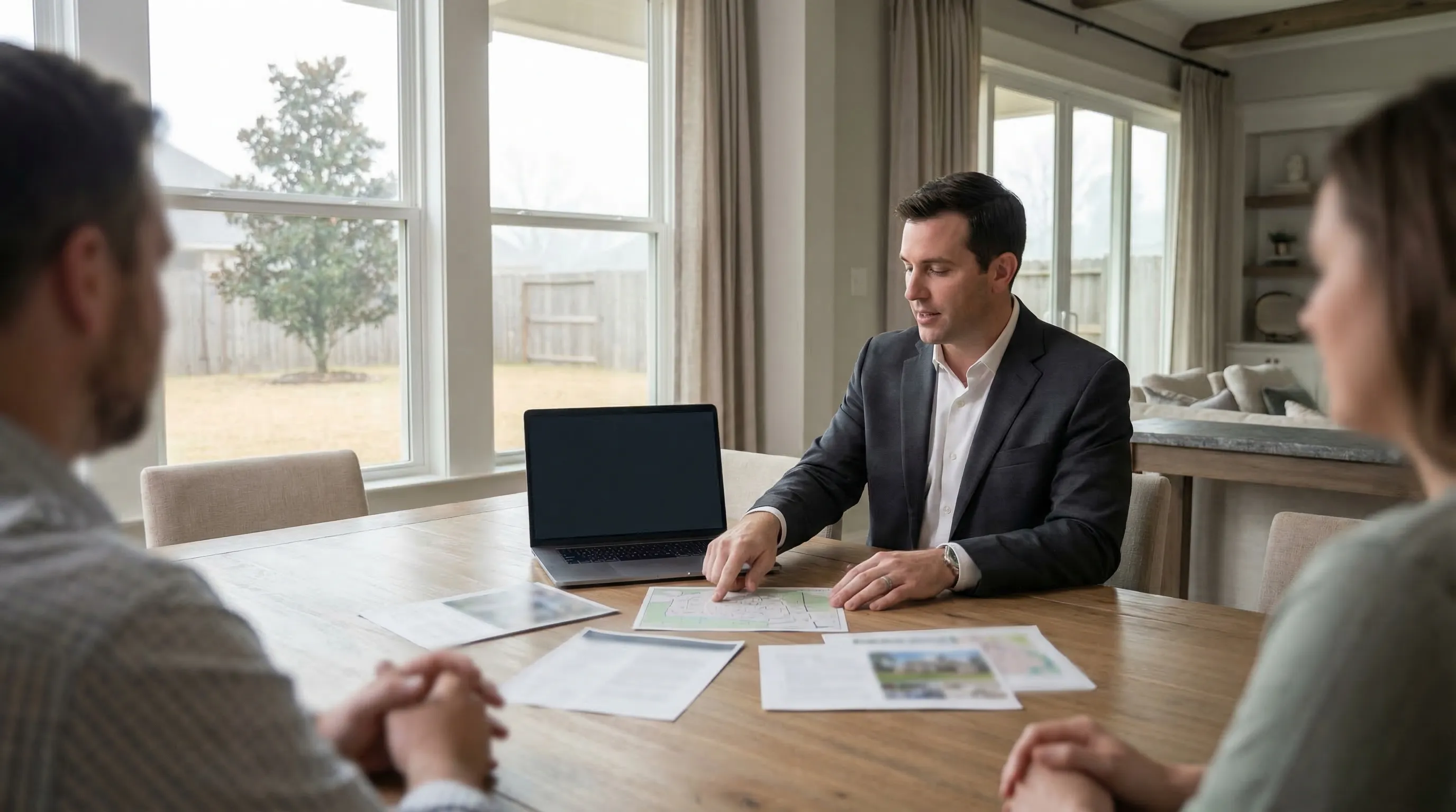 Baton Rouge real estate agent standing on the front porch of a brick ranch home in a suburban neighborhood, with mature live oak trees, Spanish moss, and a For Sale sign in the yard.