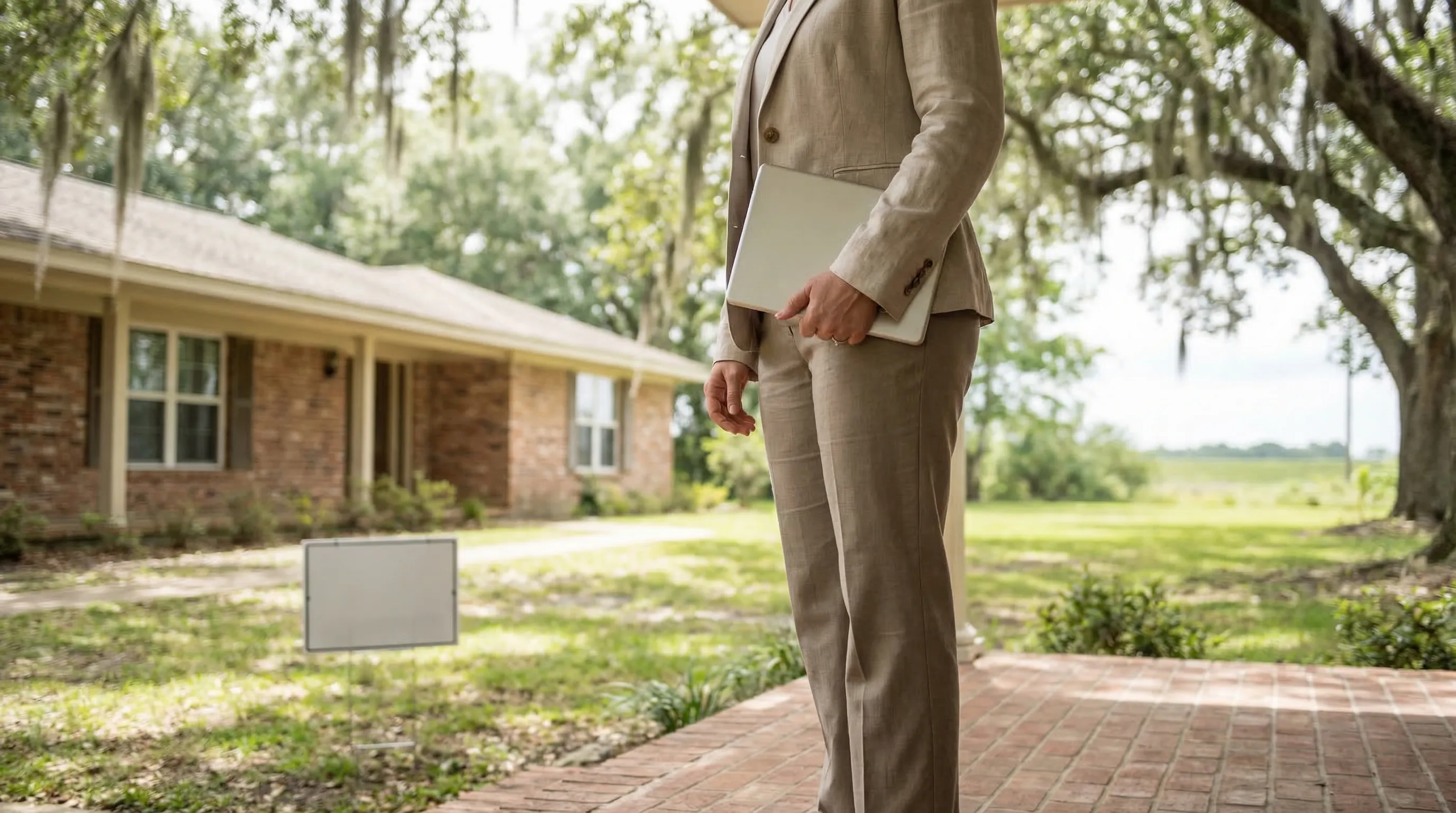 Baton Rouge real estate agent standing on the front porch of a brick ranch home in a suburban neighborhood, with mature live oak trees, Spanish moss, and a For Sale sign in the yard.