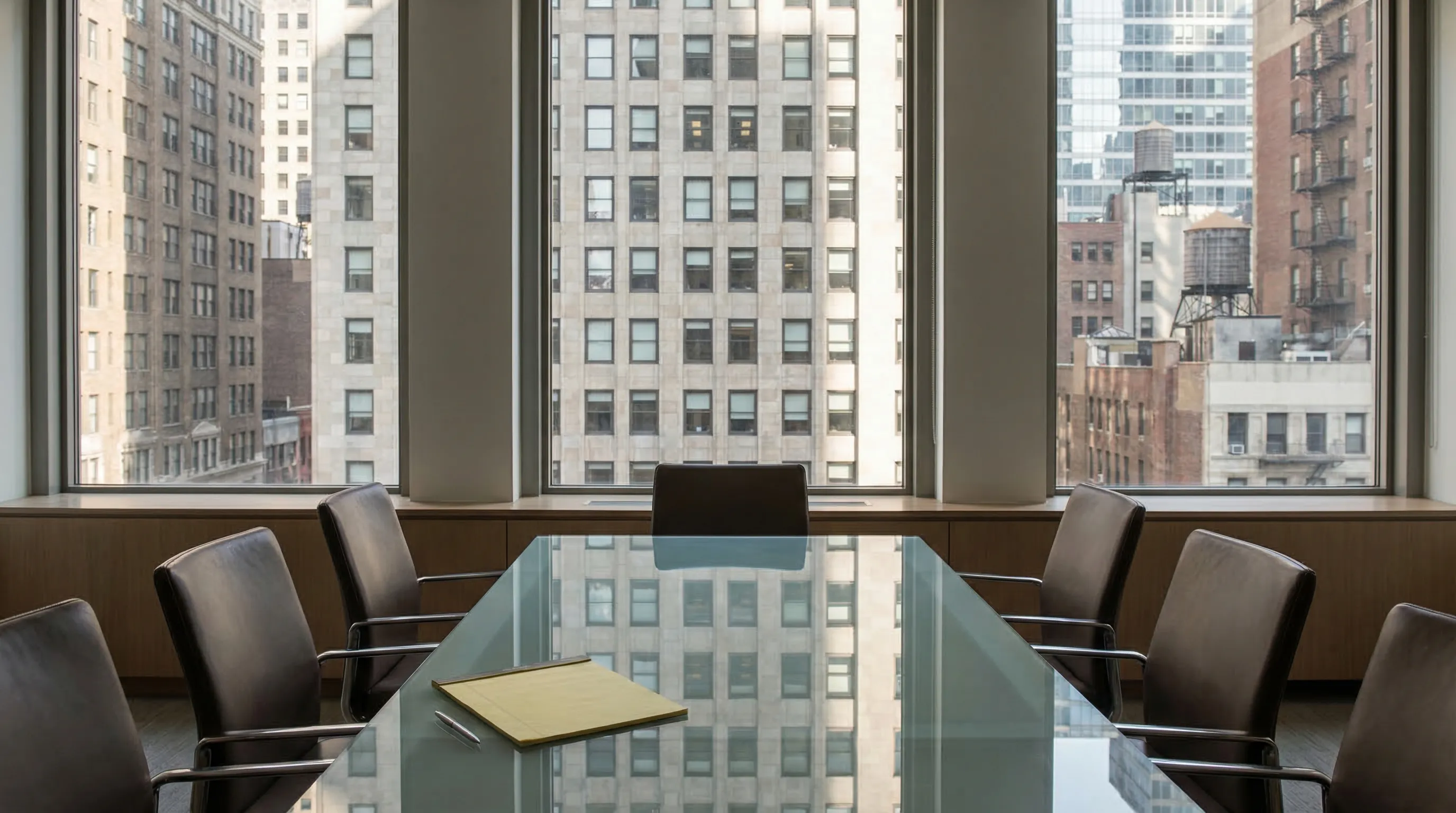 Professional legal consultation setting in a Manhattan law office with floor-to-ceiling windows overlooking midtown NYC skyline