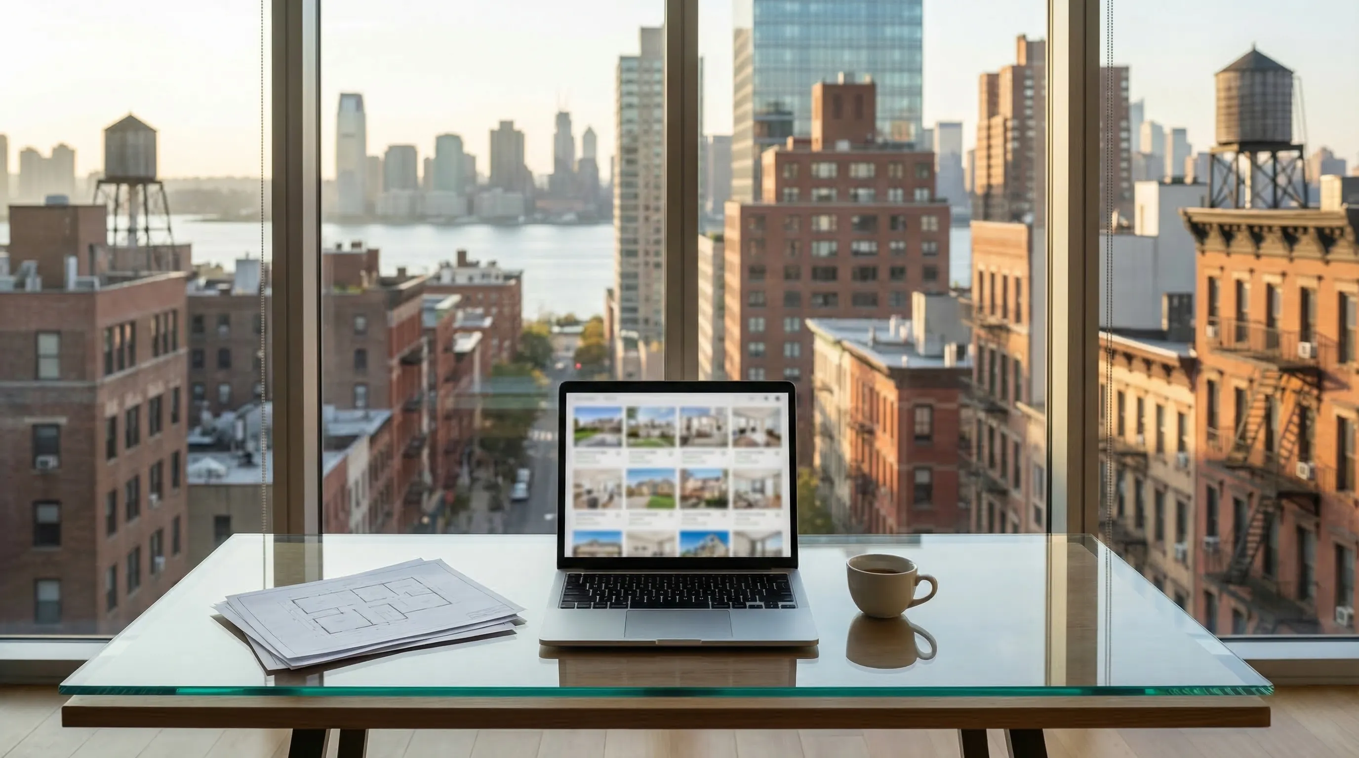 Professional real estate agent consultation in a glass-walled NYC brokerage office with Hudson River and New Jersey skyline visible through floor-to-ceiling windows