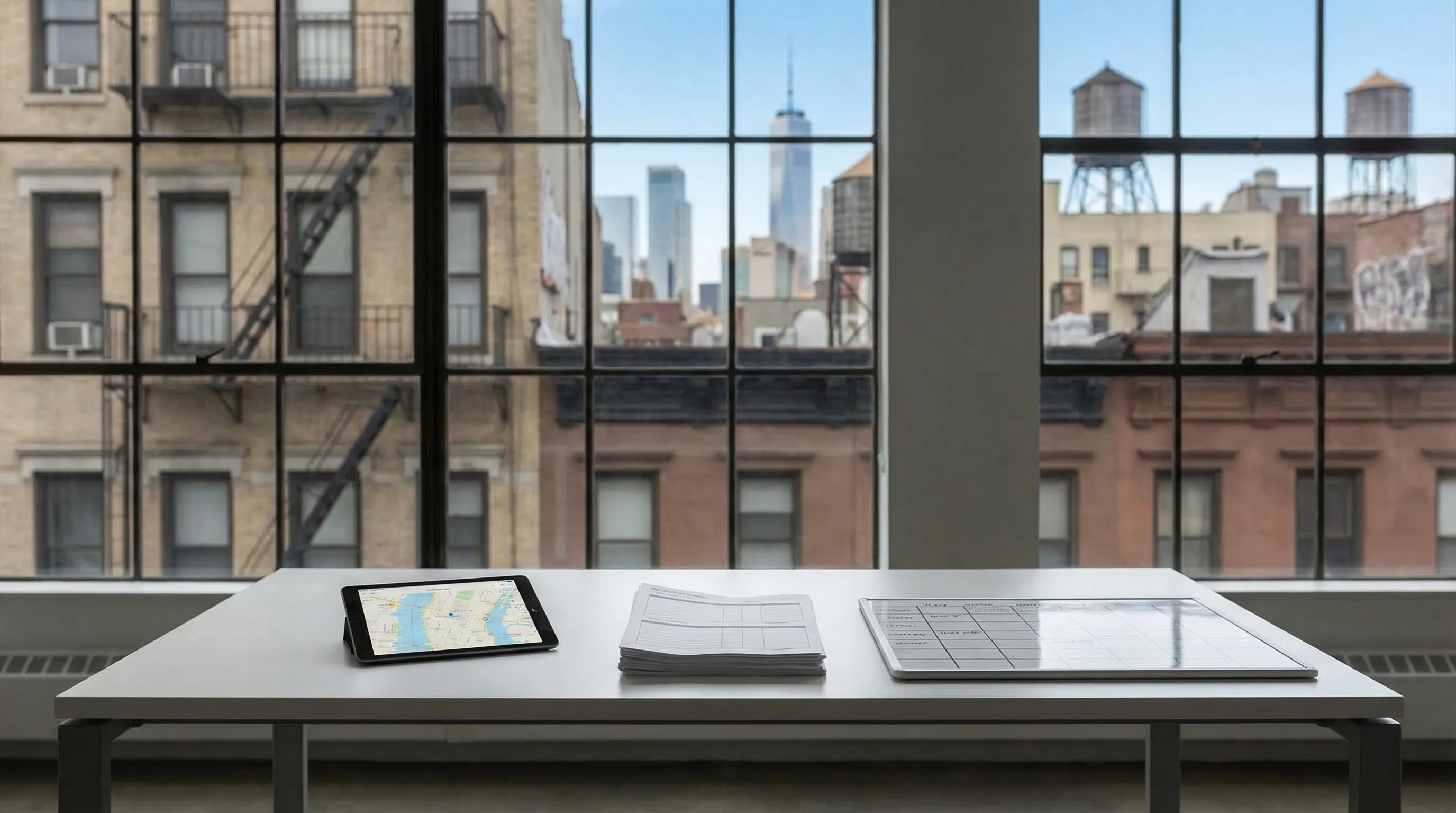 Professional moving crew carrying wrapped furniture up a Brooklyn brownstone stoop with a red brick facade and summer blue sky in the background