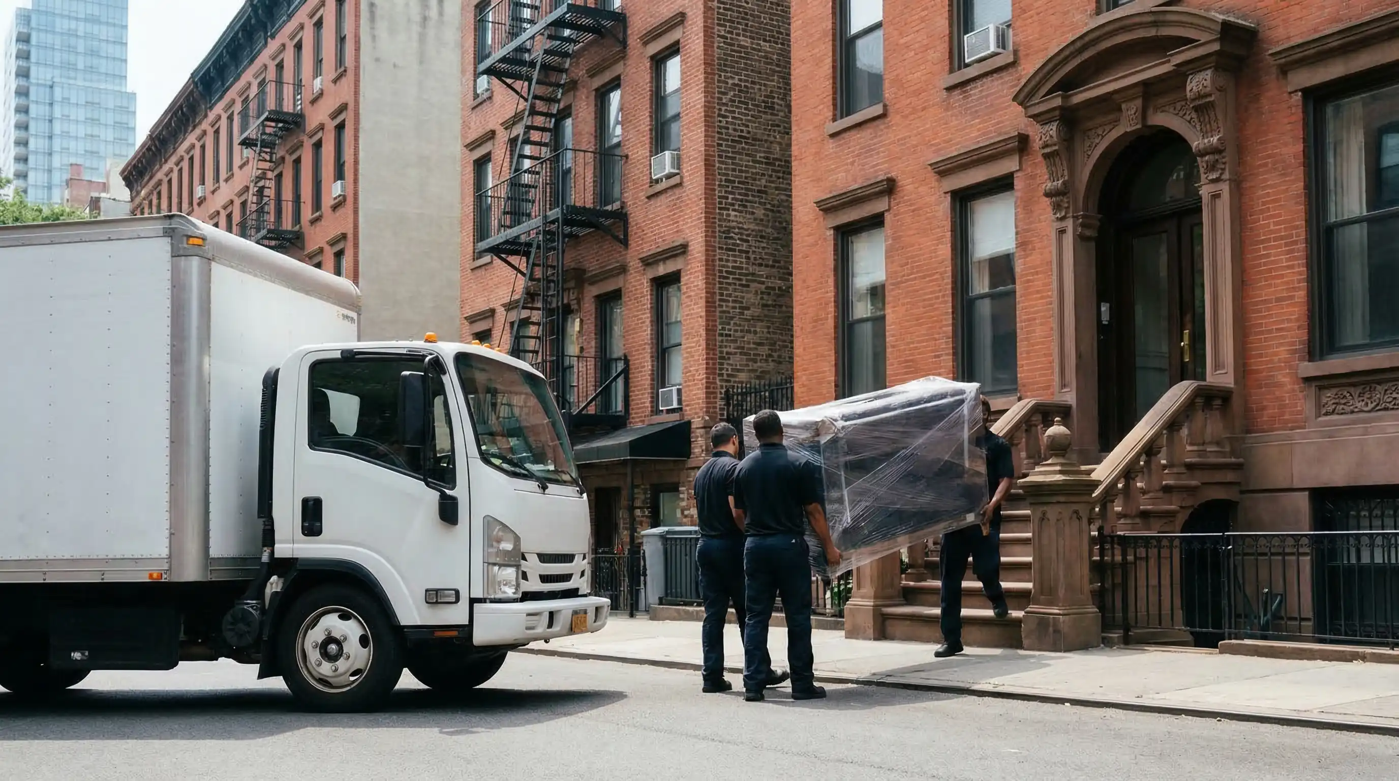 Professional moving crew carrying wrapped furniture up a Brooklyn brownstone stoop with a red brick facade and summer blue sky in the background