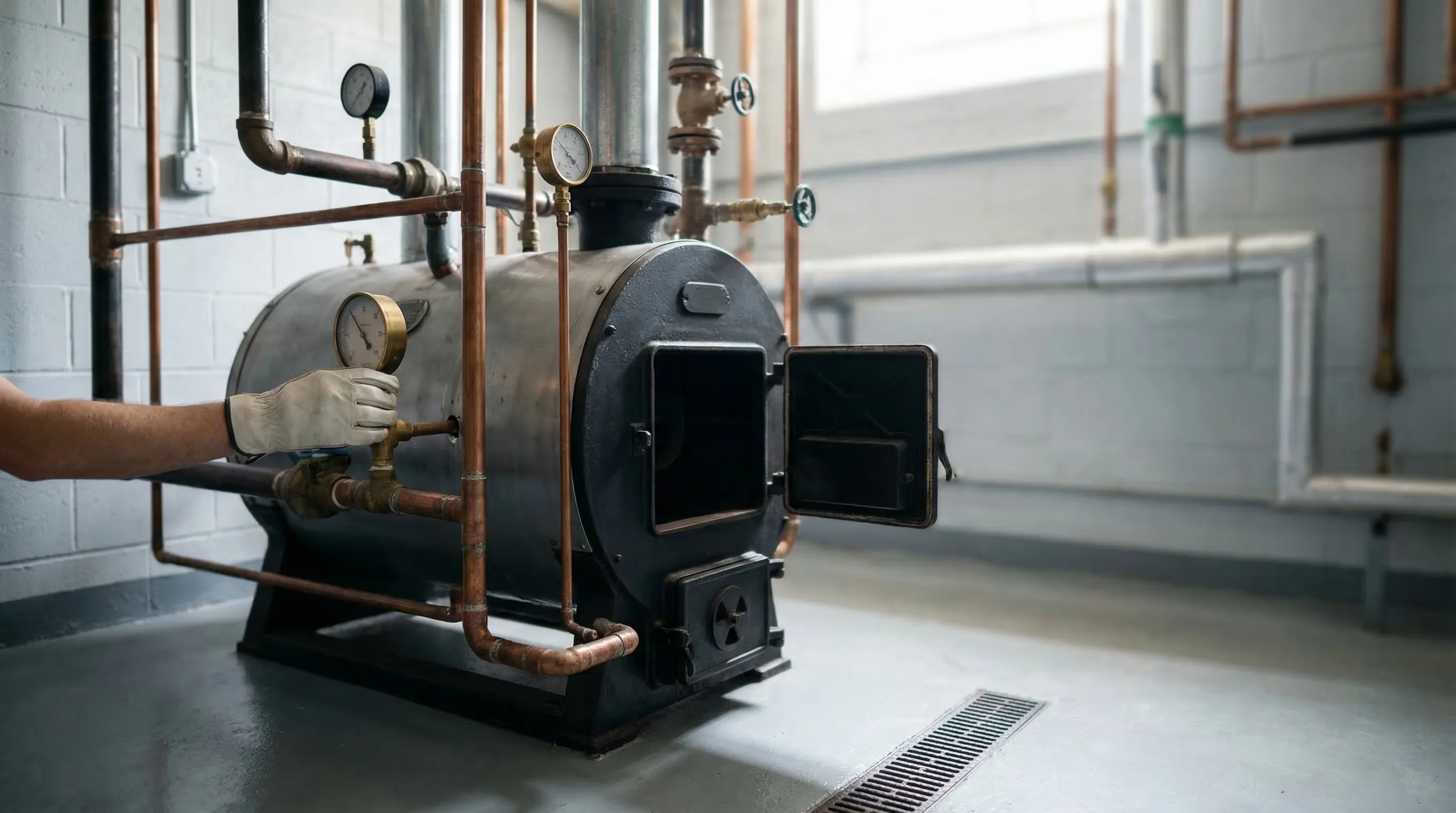 Rooftop HVAC installation on a NYC commercial building with professional copper refrigerant lines and a clear Manhattan skyline visible in the background