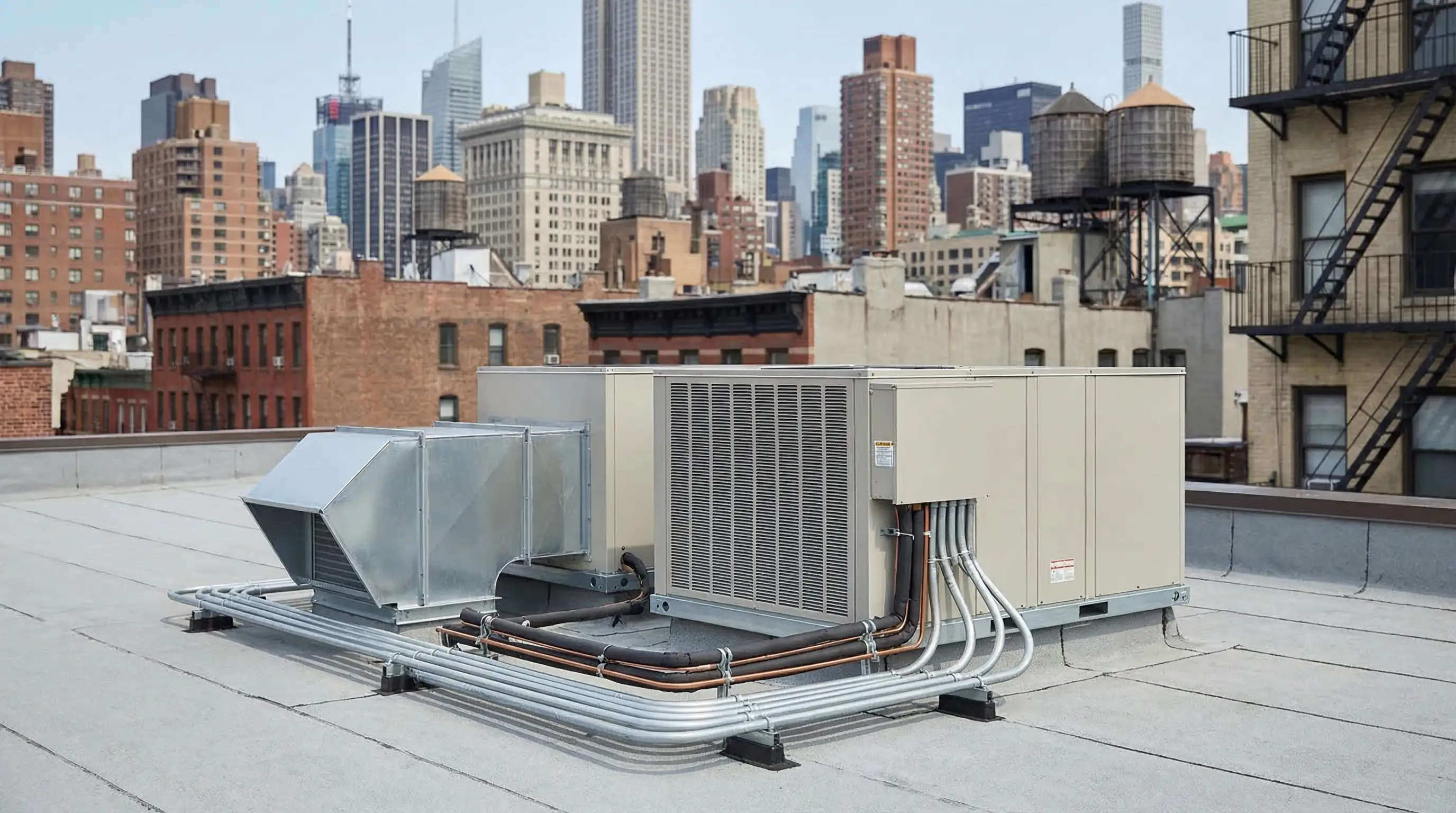 Rooftop HVAC installation on a NYC commercial building with professional copper refrigerant lines and a clear Manhattan skyline visible in the background