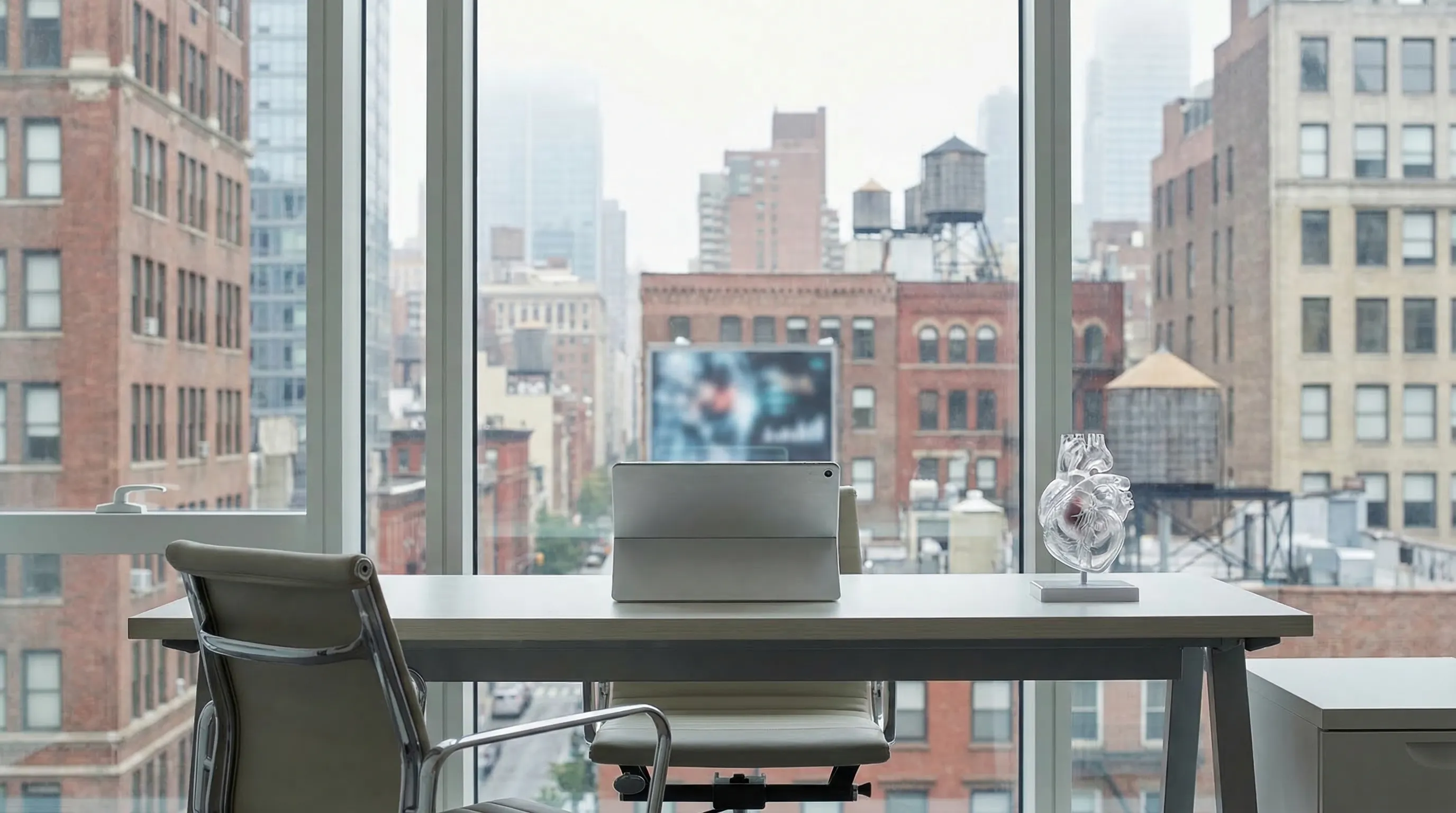 Professional physician consultation in a bright NYC outpatient office with a floor-to-ceiling window showing a mid-rise brick building facade and city skyline in New York, NY
