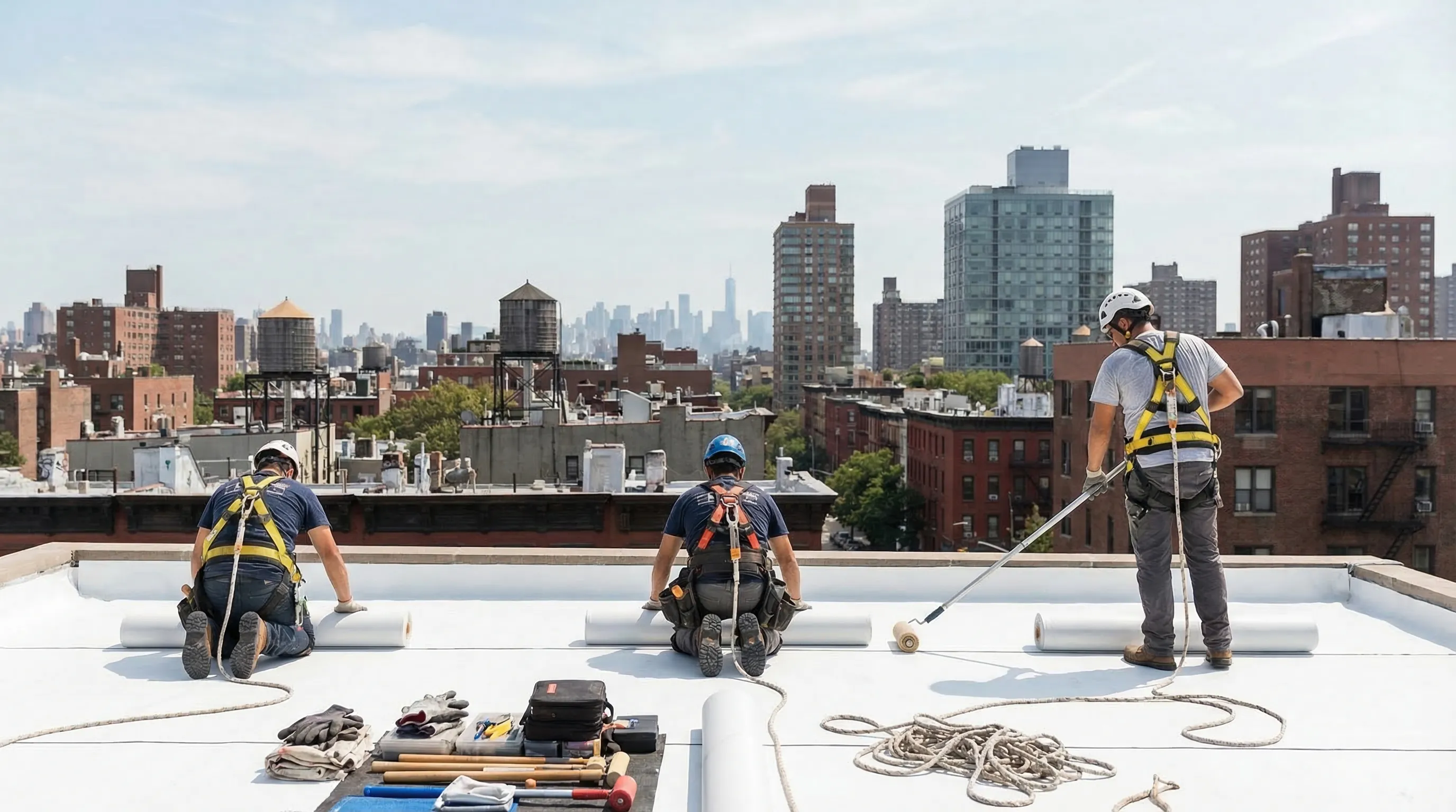 Professional roofing crew applying a white TPO membrane on a NYC brownstone flat roof with the Manhattan skyline and water towers visible in the background