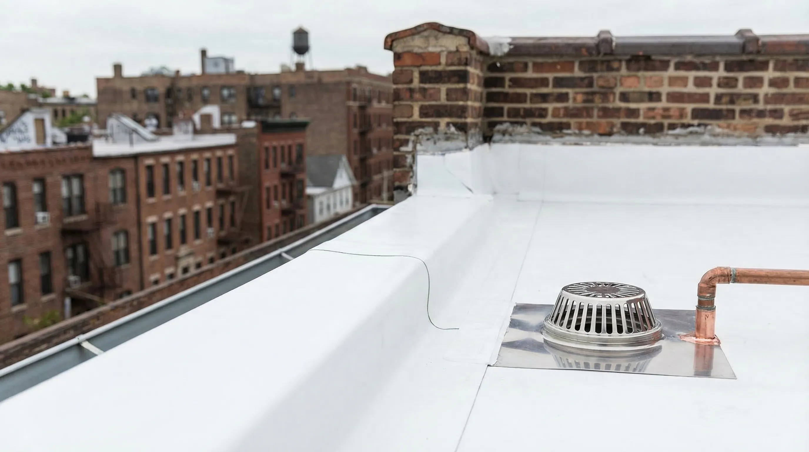 Professional roofing crew applying a white TPO membrane on a NYC brownstone flat roof with the Manhattan skyline and water towers visible in the background