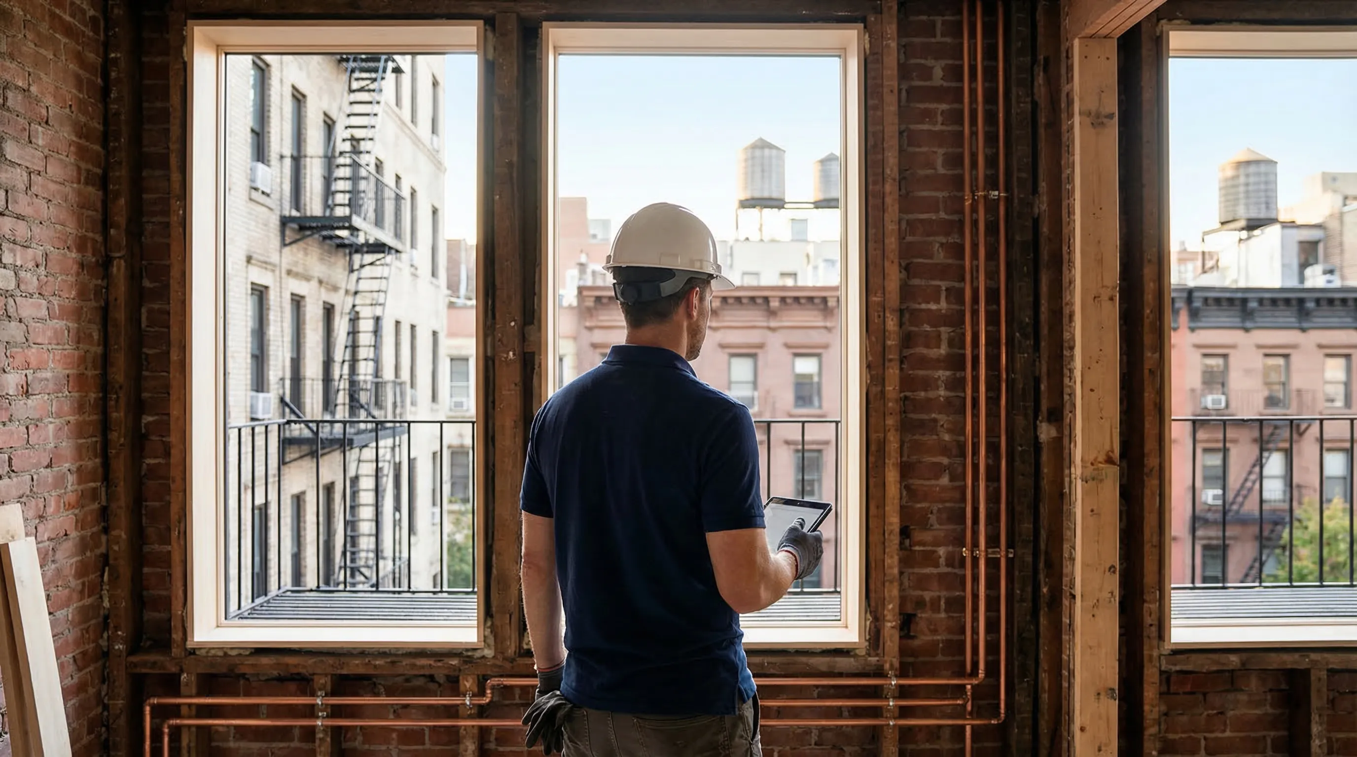 NYC general contractor project manager in hard hat reviewing plans at a pre-war apartment gut renovation site with exposed brick walls and NYC rooftops visible through the window