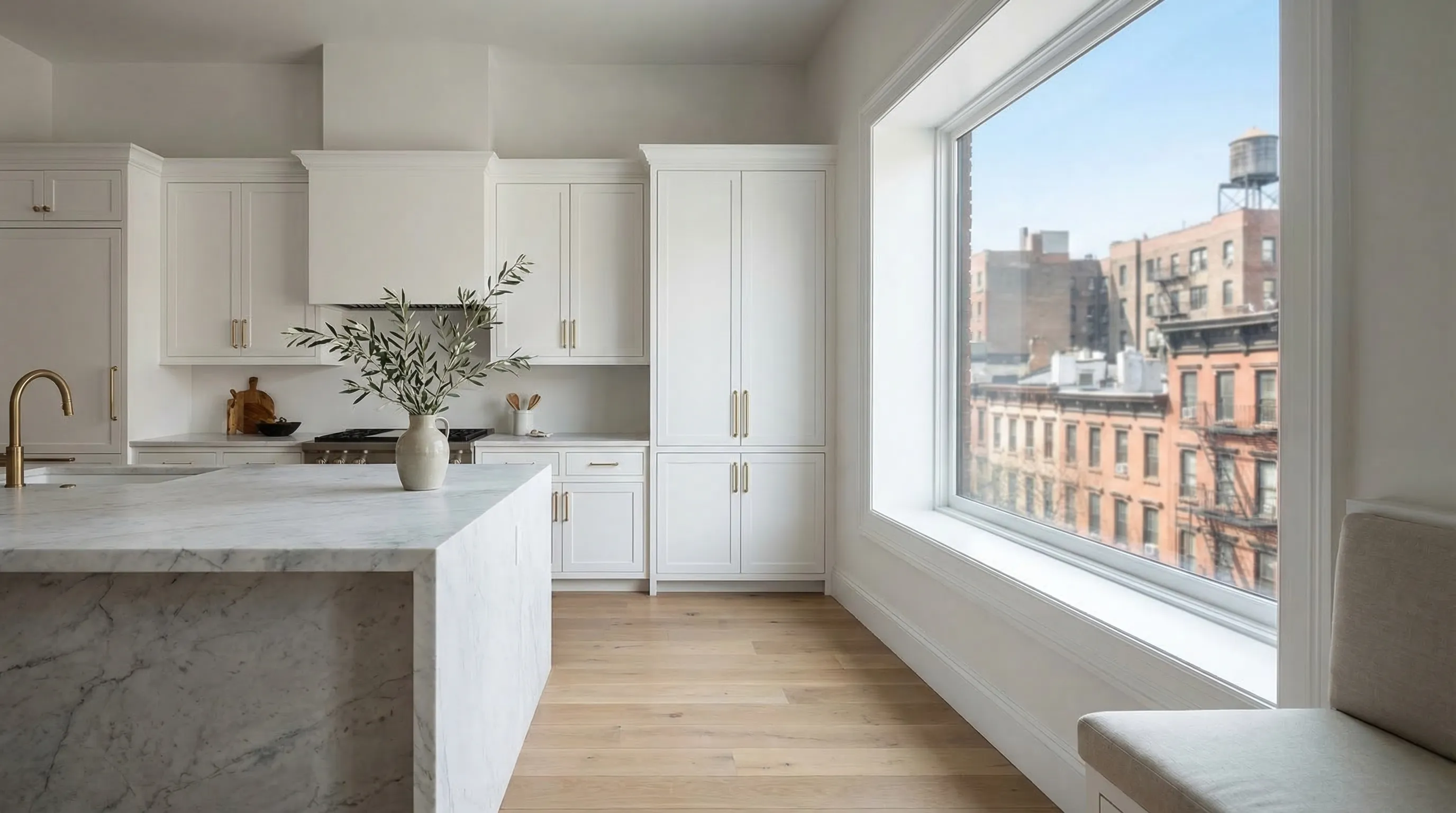 NYC general contractor project manager in hard hat reviewing plans at a pre-war apartment gut renovation site with exposed brick walls and NYC rooftops visible through the window