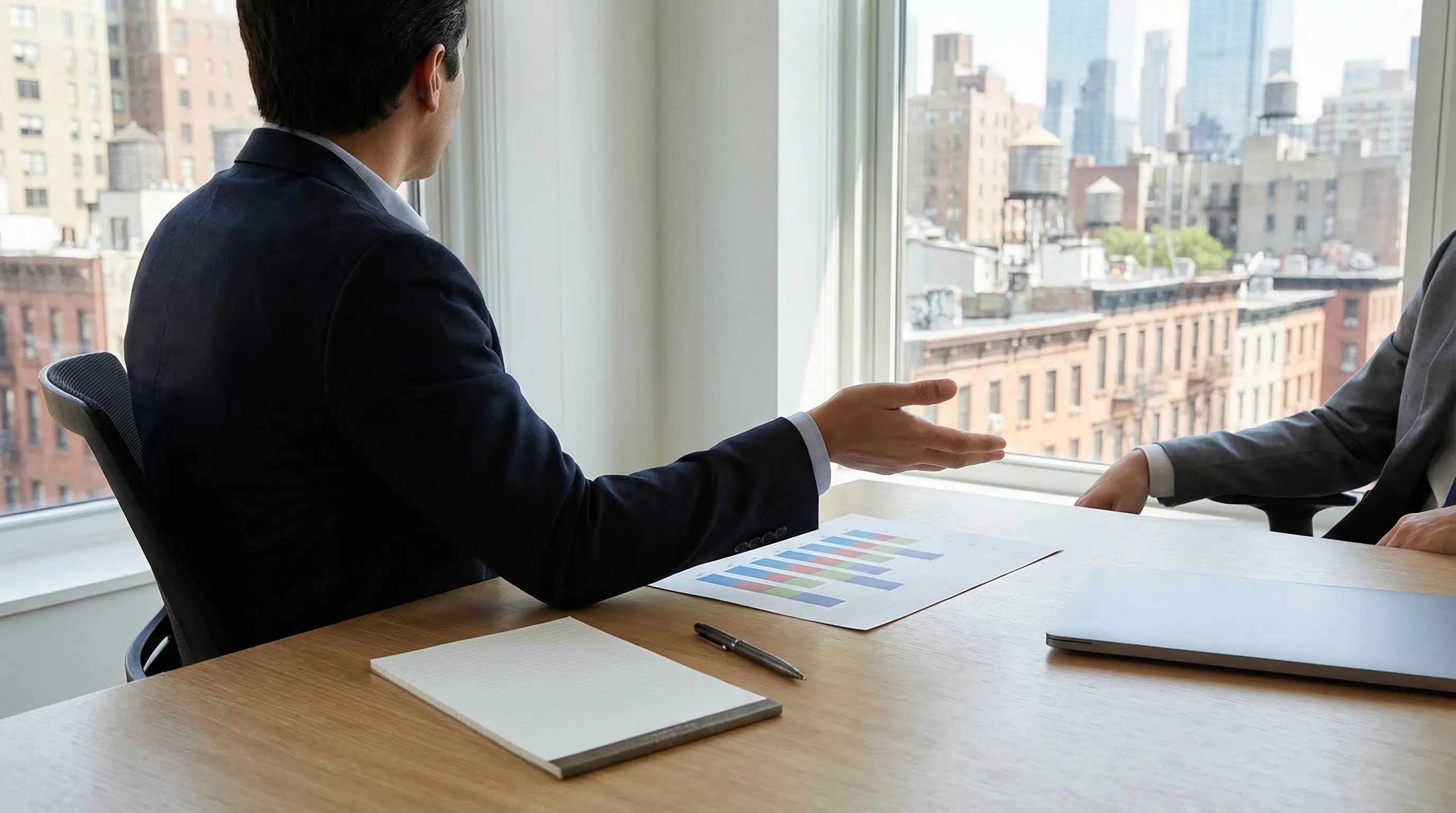 Professional financial planning consultation in a Midtown NYC office with full-height windows showing the lower Manhattan skyline and Hudson River in the background