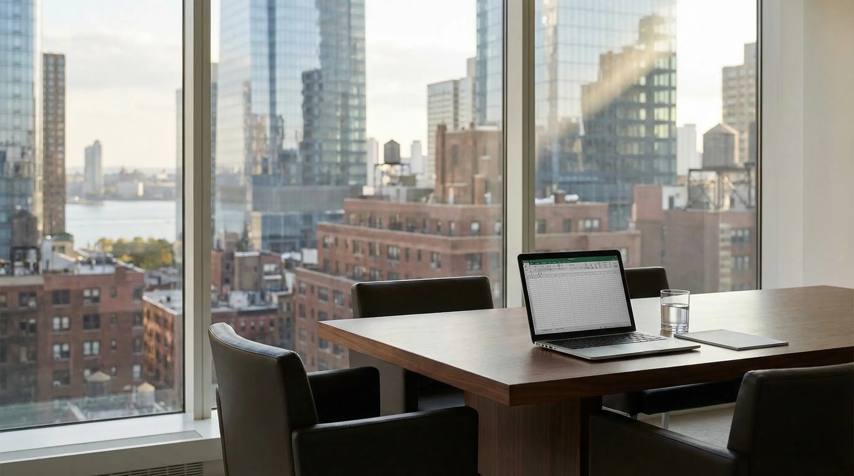 Professional financial planning consultation in a Midtown NYC office with full-height windows showing the lower Manhattan skyline and Hudson River in the background