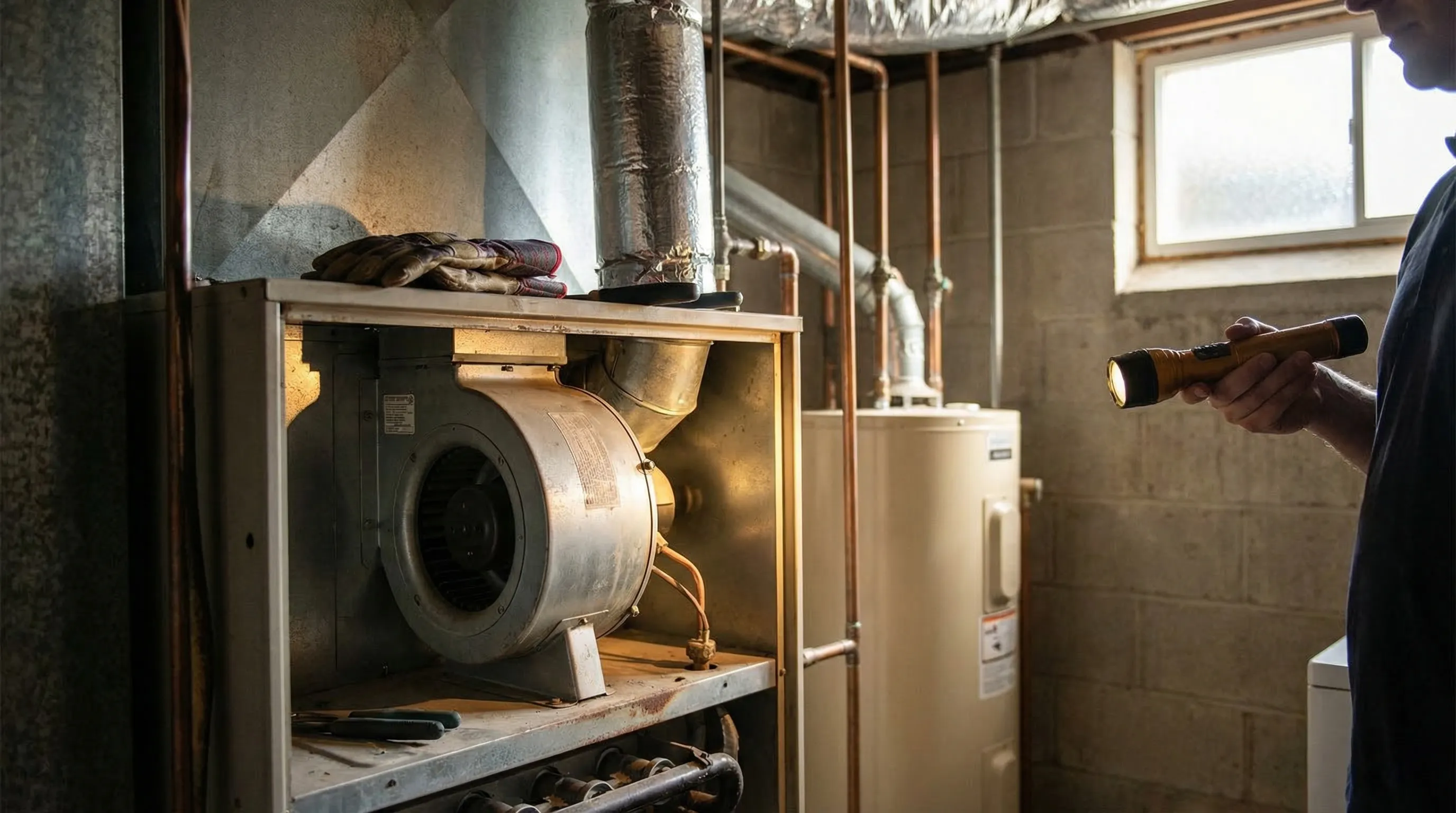 Professional HVAC technician servicing a central air conditioning unit outside a brick ranch home in Kansas City, KS