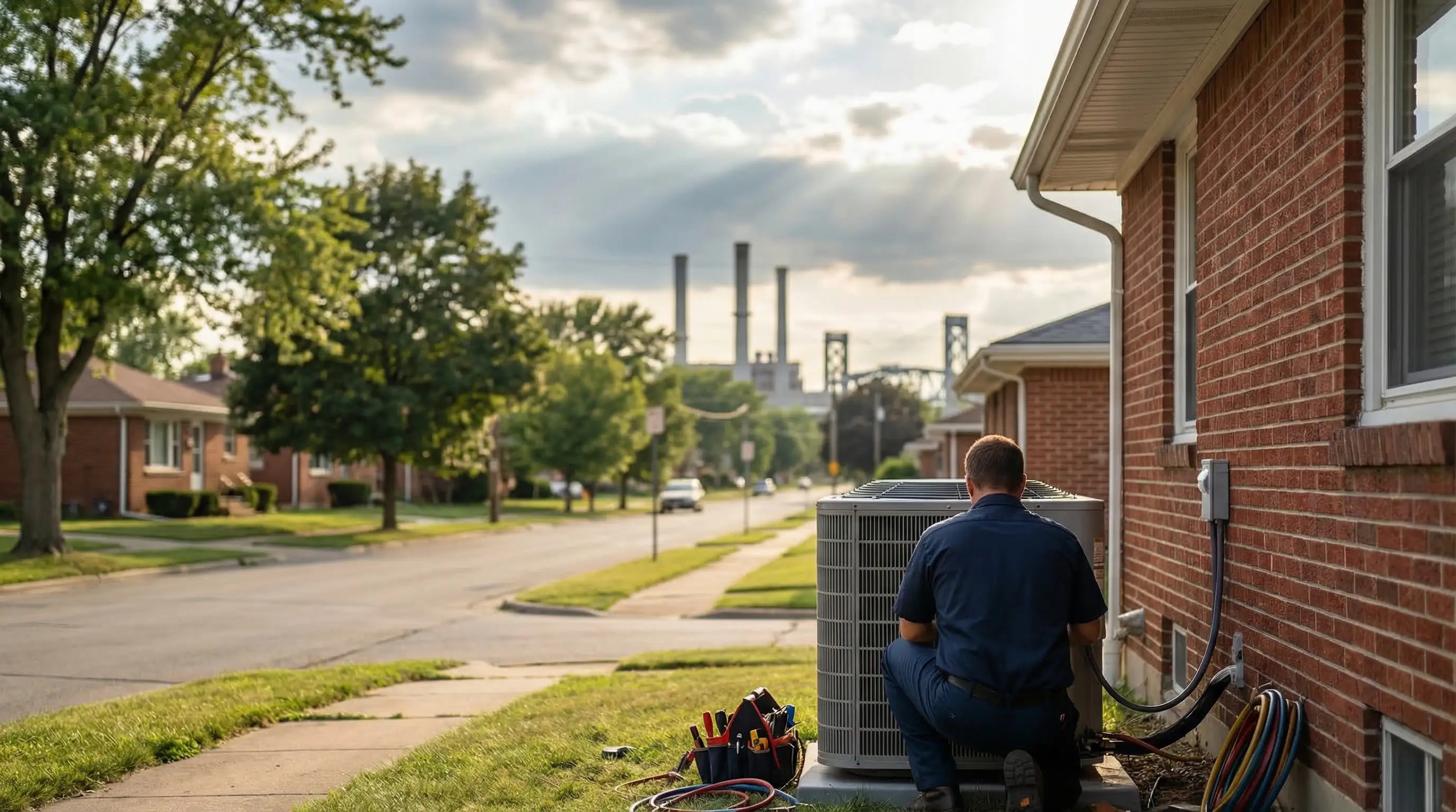 Professional HVAC technician servicing a central air conditioning unit outside a brick ranch home in Kansas City, KS