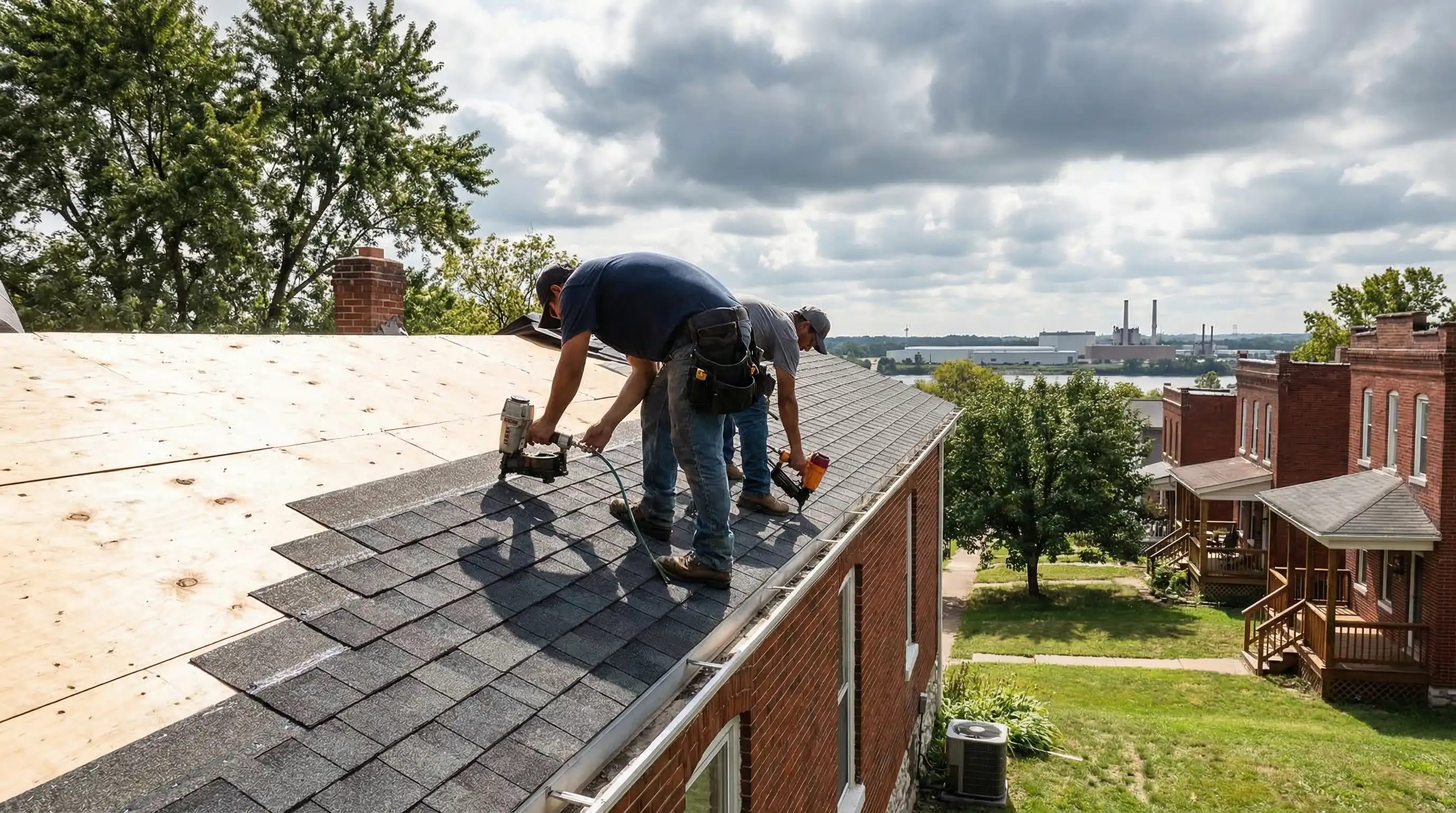 Roofing contractor inspecting hail damage on an asphalt shingle roof in a residential neighborhood in Kansas City, KS