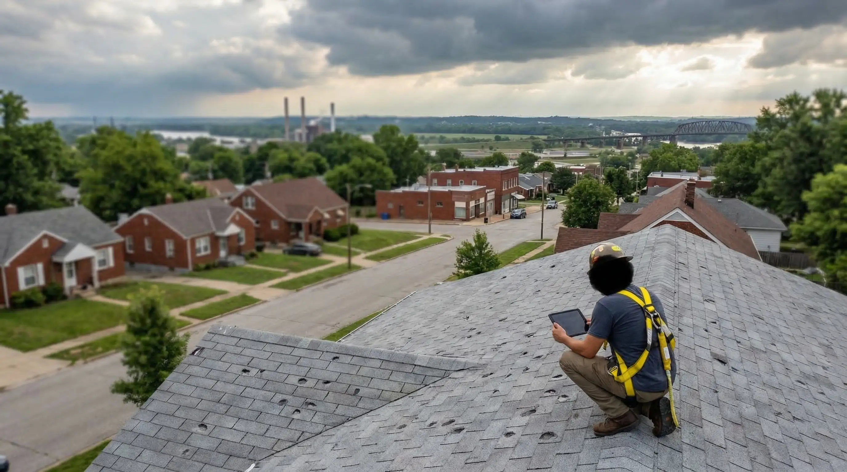 Roofing contractor inspecting hail damage on an asphalt shingle roof in a residential neighborhood in Kansas City, KS