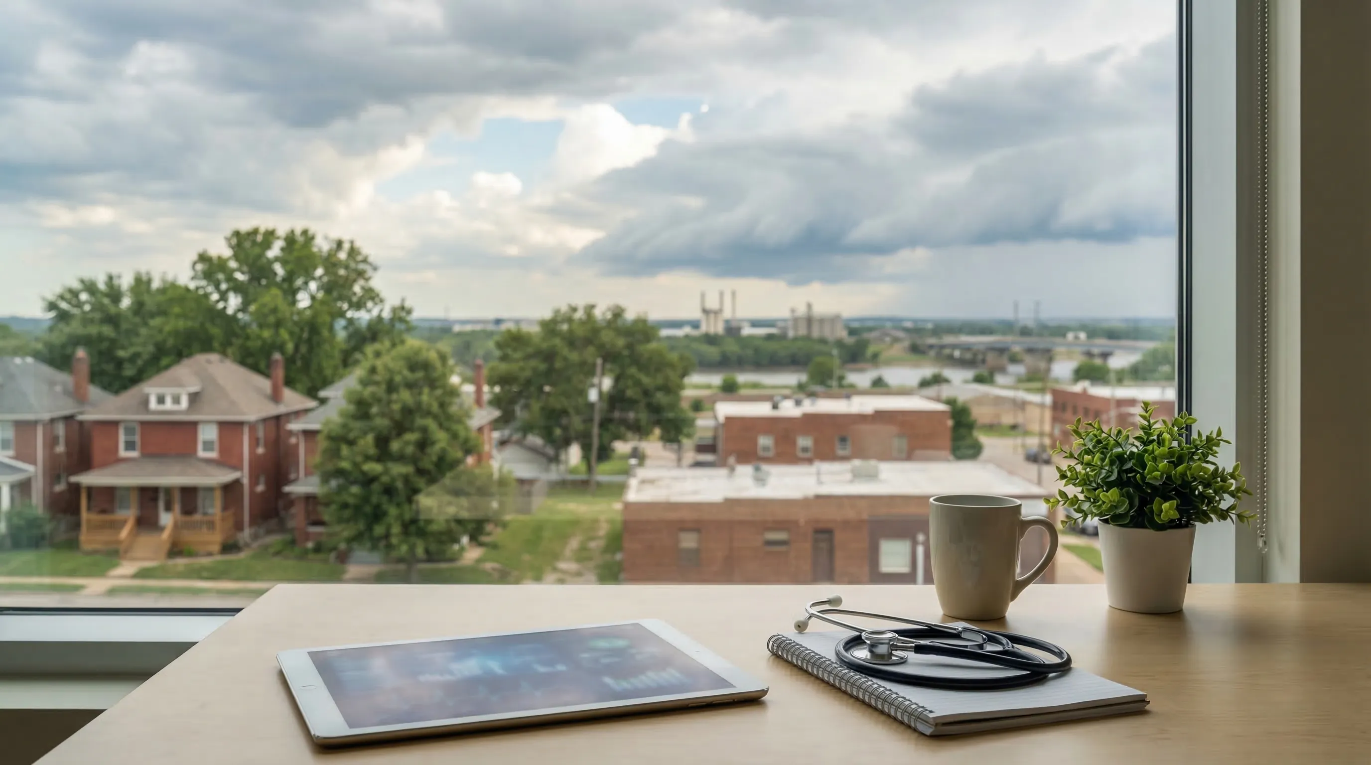 Professional urgent care clinic exterior in Kansas City, KS with bilingual English and Spanish signage welcoming diverse patients