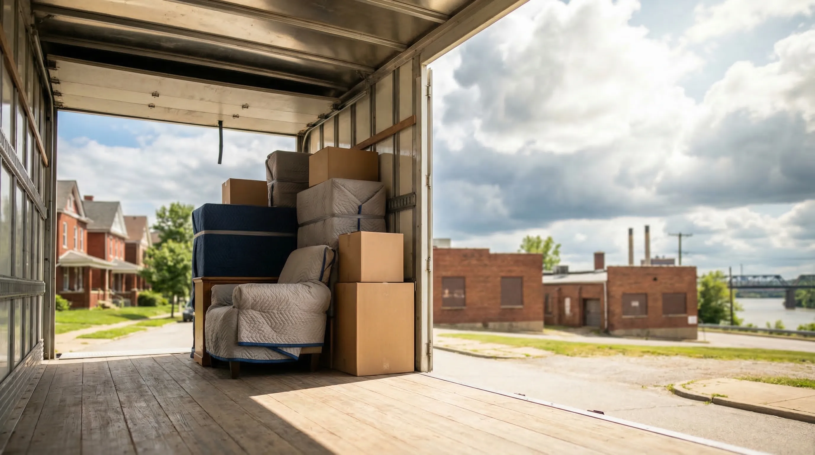 Professional moving truck and crew in front of a residential home in Kansas City, KS on a sunny moving day