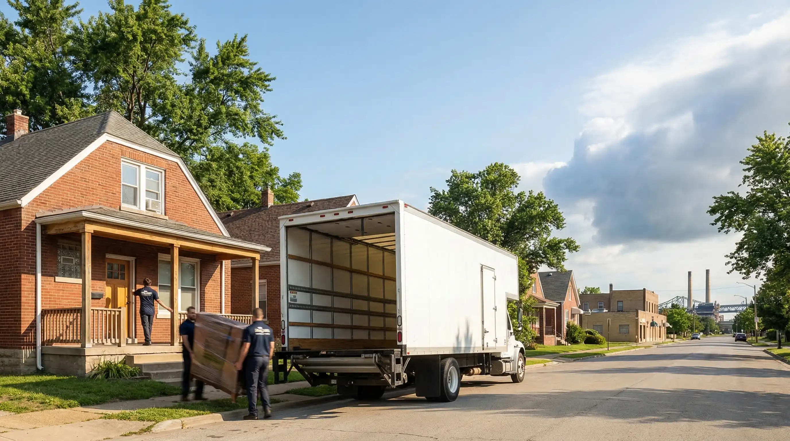 Professional moving truck and crew in front of a residential home in Kansas City, KS on a sunny moving day