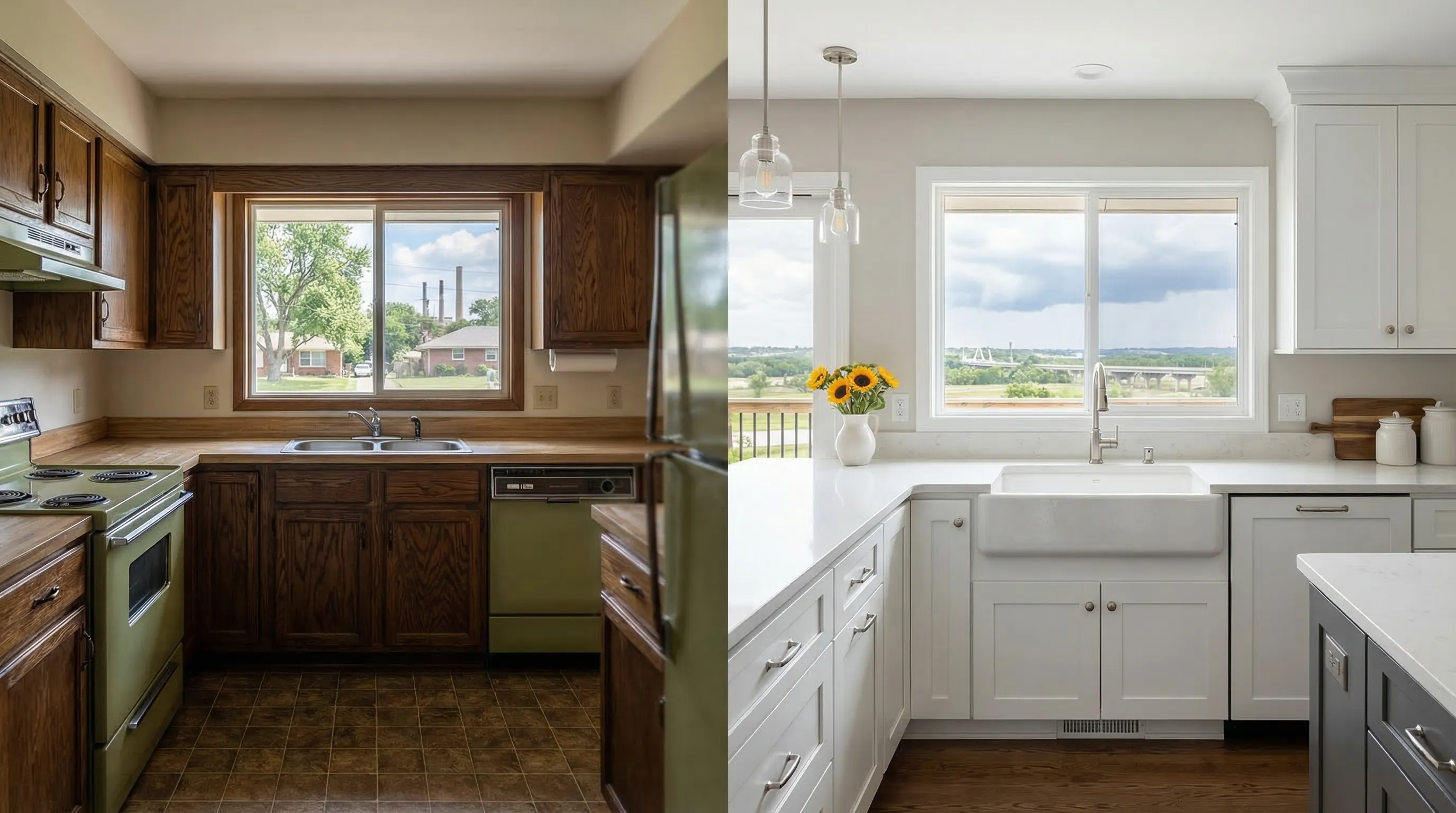 Licensed general contractor reviewing renovation plans with a homeowner in a 1960s-era Kansas City, KS kitchen scheduled for remodeling