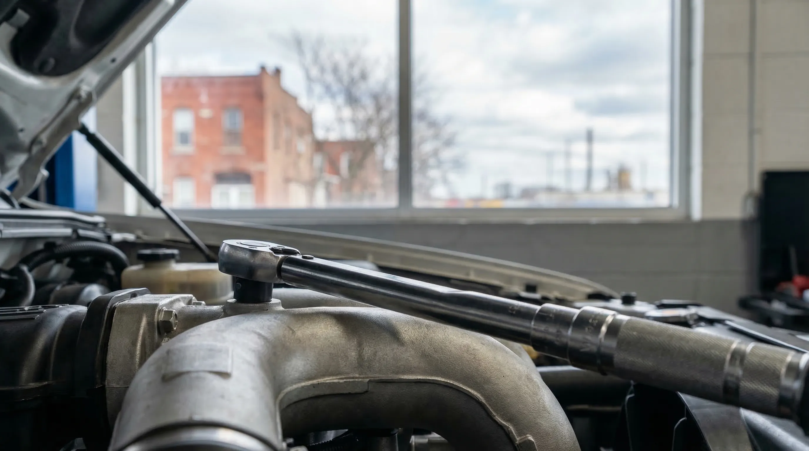 Independent auto repair mechanic inspecting a truck engine in a Kansas City, KS shop with multiple service bays and local Kansas plates visible