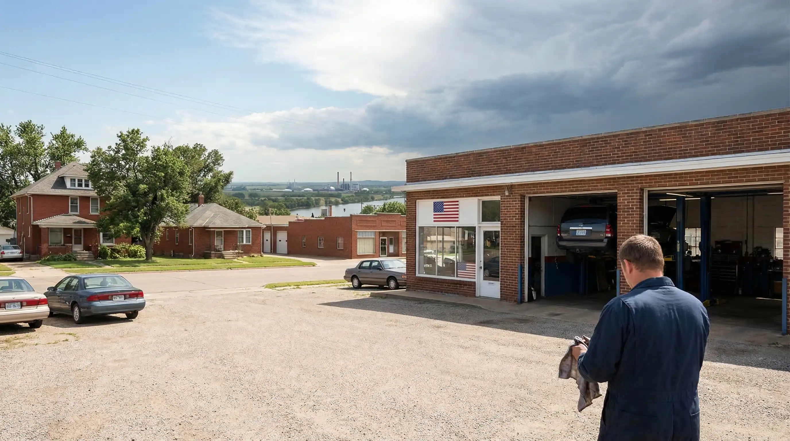 Independent auto repair mechanic inspecting a truck engine in a Kansas City, KS shop with multiple service bays and local Kansas plates visible