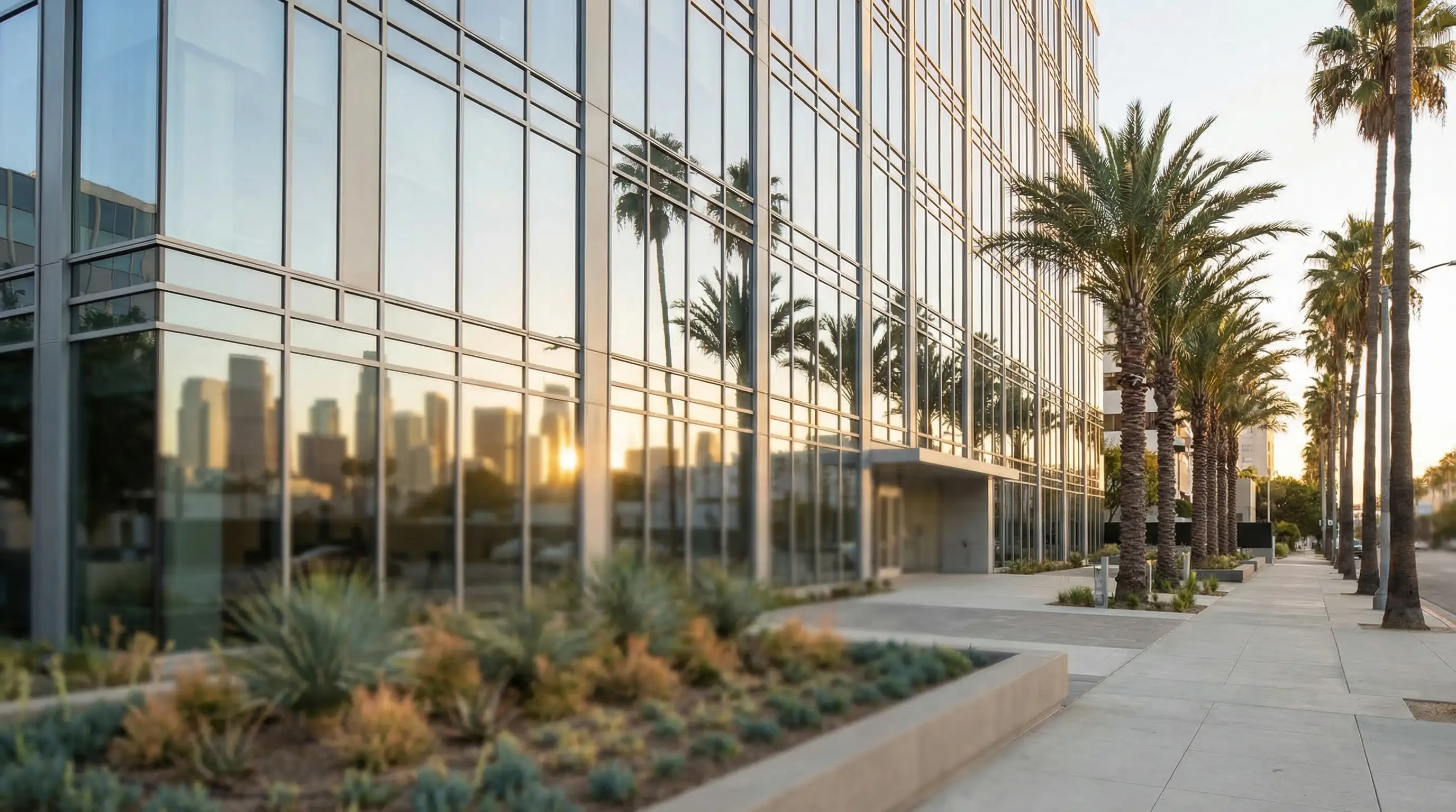 Professional legal consultation office on Wilshire Boulevard in Los Angeles, CA — modern law firm interior with city skyline visible through floor-to-ceiling windows