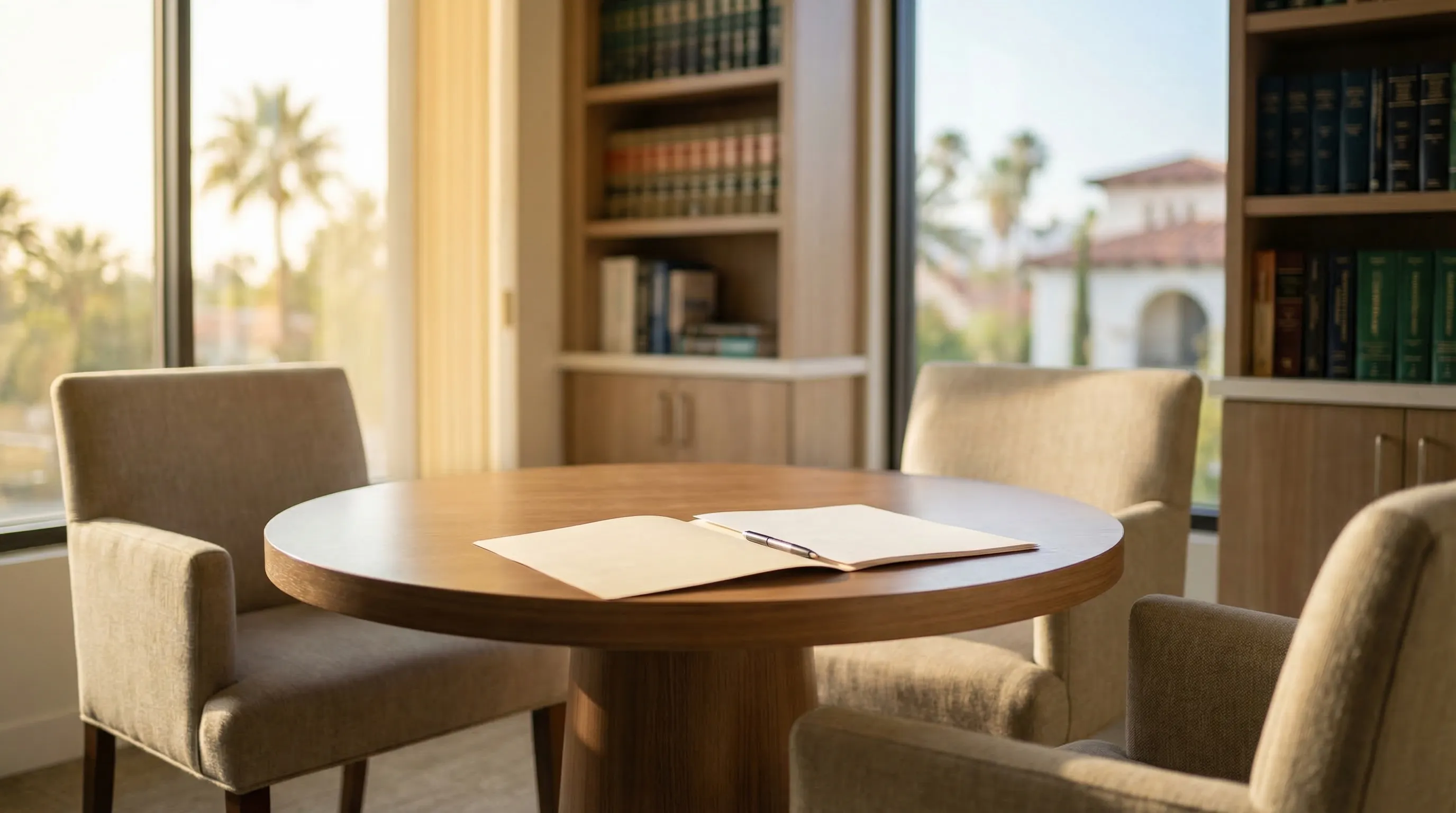 Professional legal consultation office on Wilshire Boulevard in Los Angeles, CA — modern law firm interior with city skyline visible through floor-to-ceiling windows