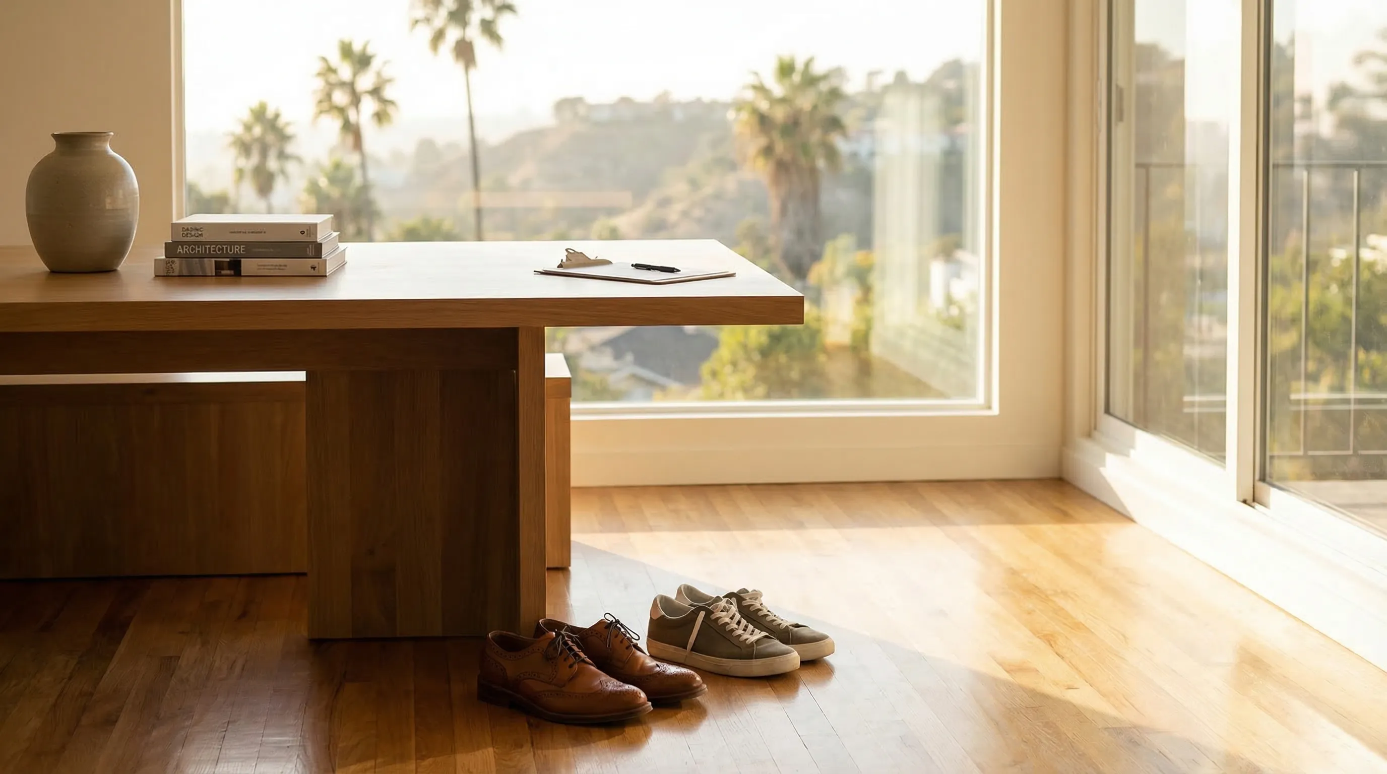 Real estate agent showing a craftsman bungalow with canyon views to buyers in Silver Lake neighborhood, Los Angeles, CA
