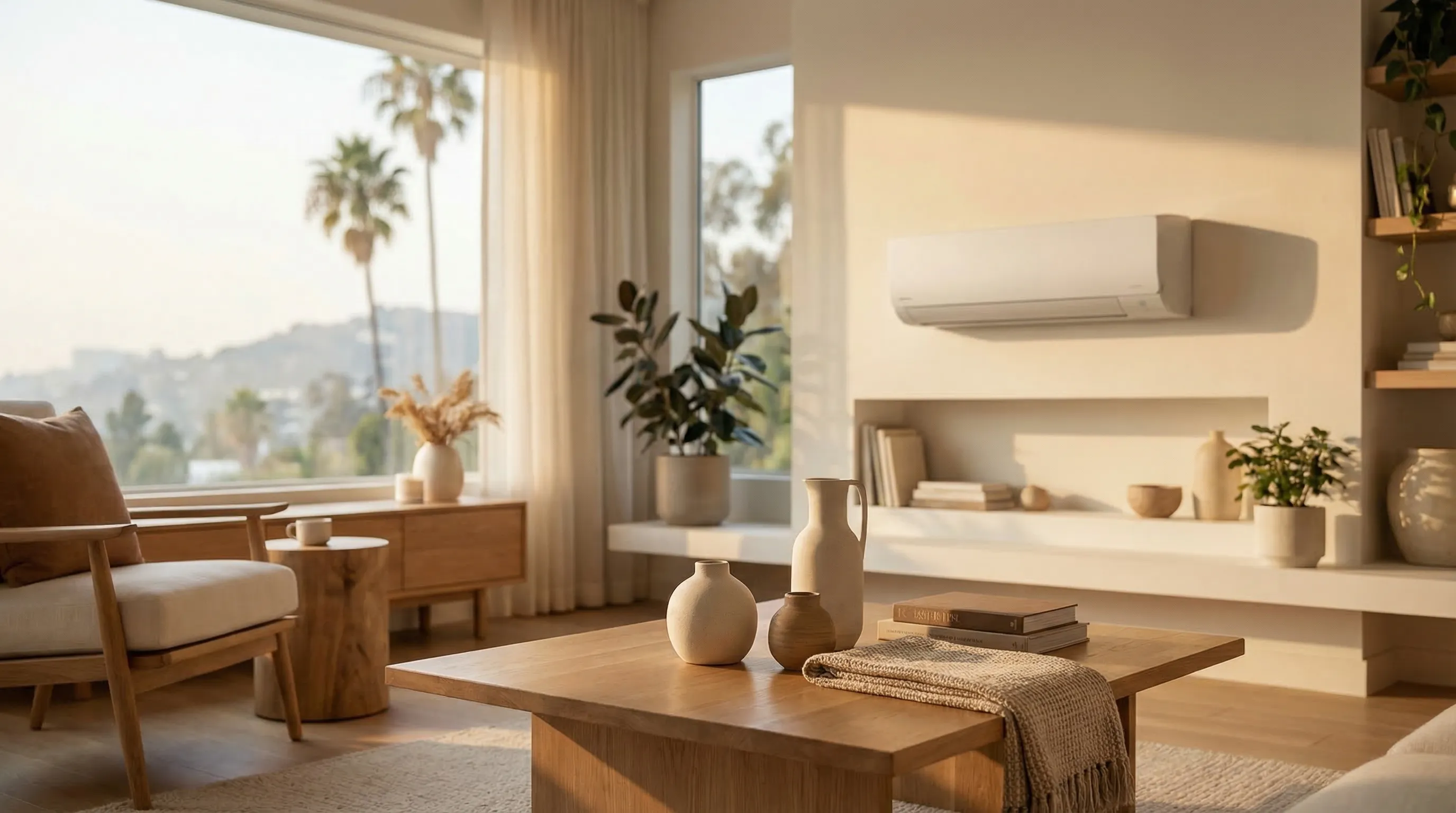HVAC technician in uniform installing a rooftop air conditioning unit on a Spanish-style single-story home in the San Fernando Valley, Los Angeles, CA