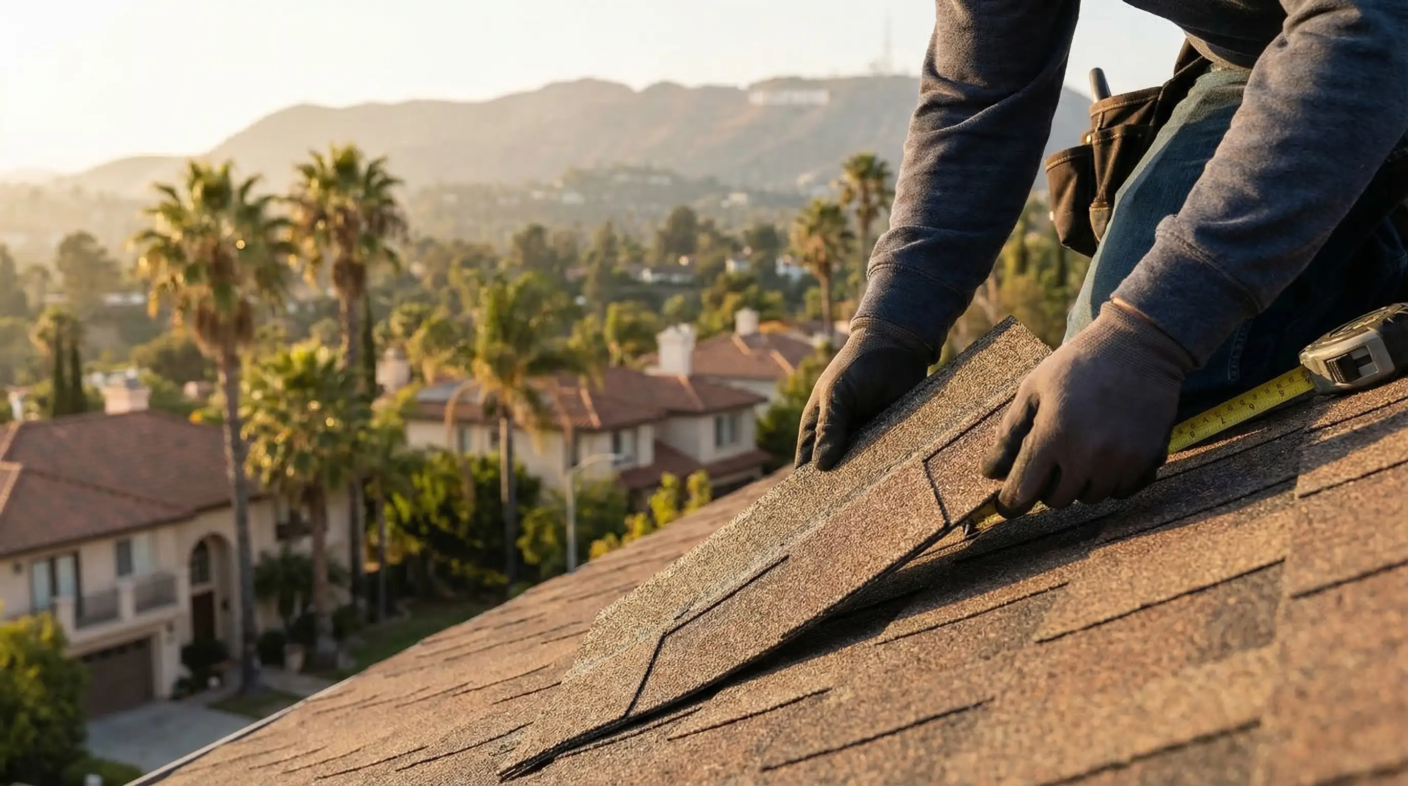Roofing crew installing clay tile on a hillside Spanish-style home in Silver Lake, Los Angeles, CA — palm trees and canyon neighborhood visible in background