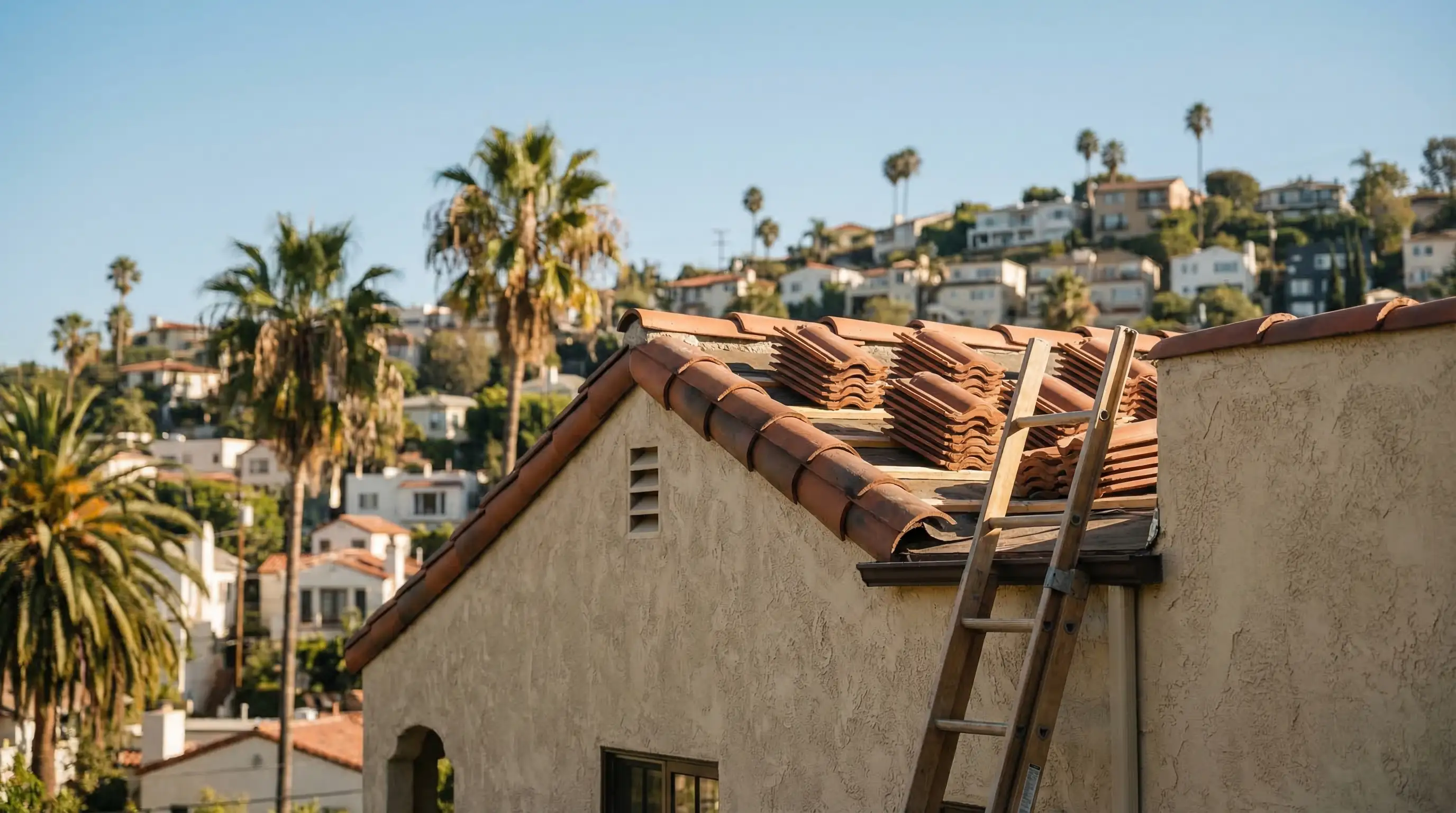 Roofing crew installing clay tile on a hillside Spanish-style home in Silver Lake, Los Angeles, CA — palm trees and canyon neighborhood visible in background