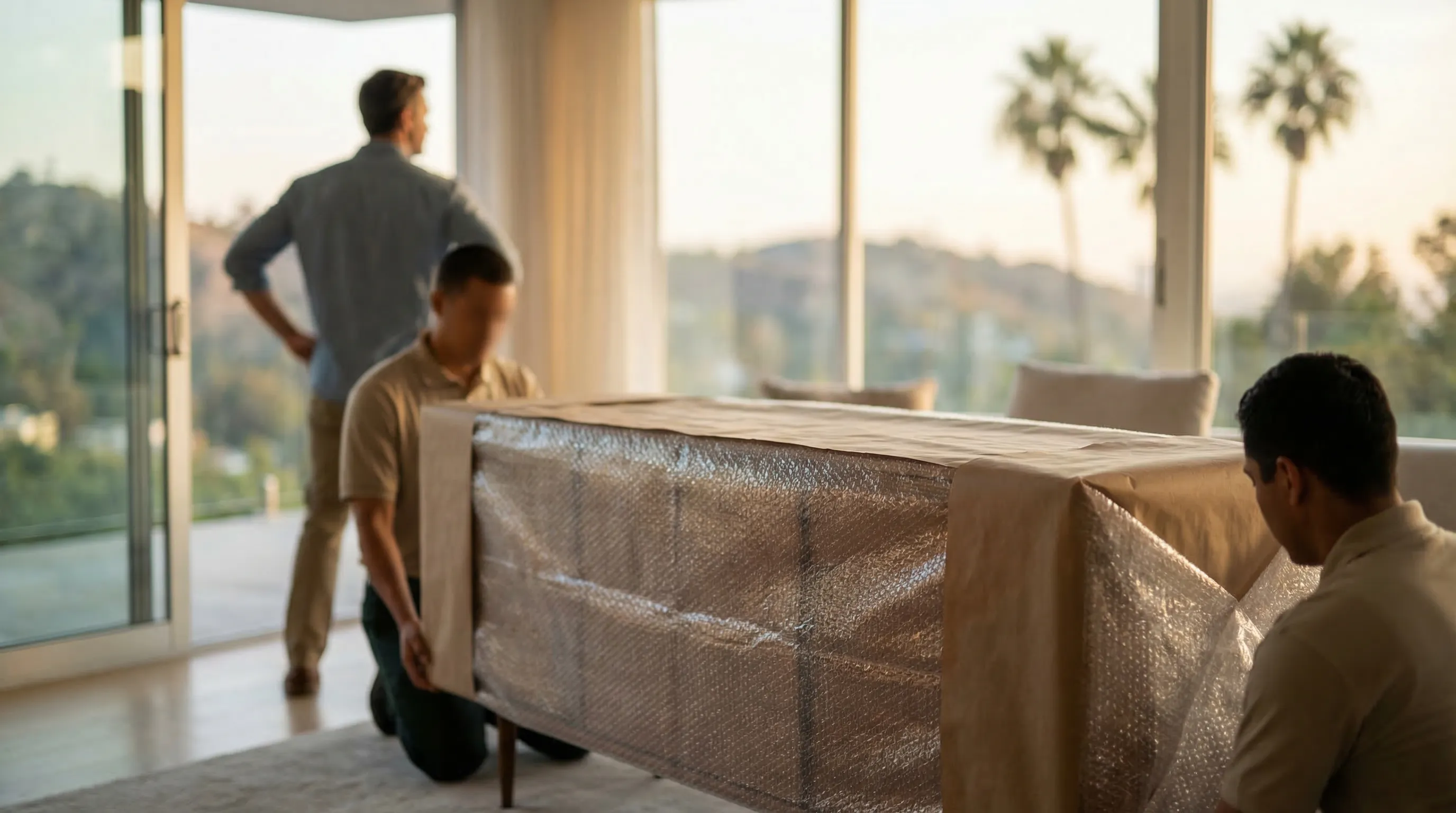 Professional moving crew loading a branded moving truck in West Hollywood for moving and storage in Los Angeles, CA
