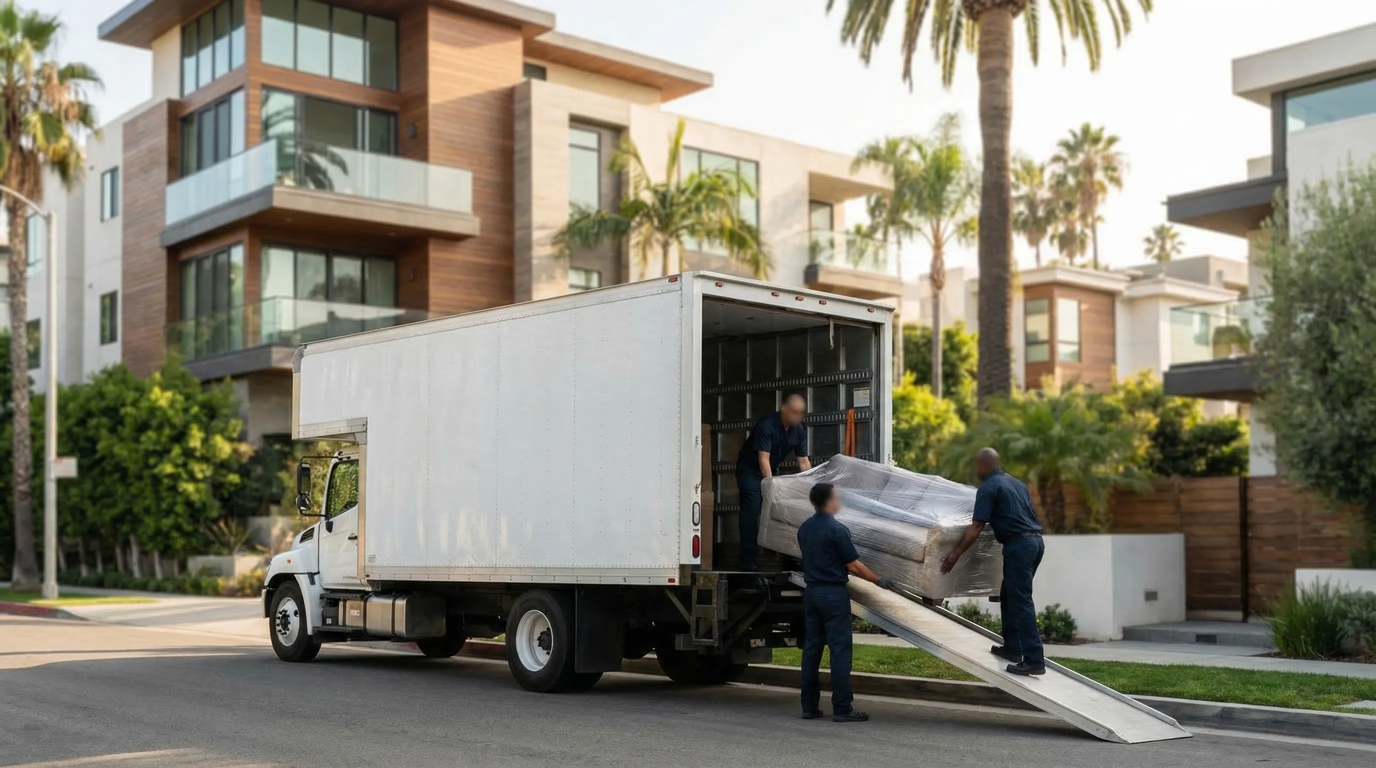 Professional moving crew loading a branded moving truck in West Hollywood for moving and storage in Los Angeles, CA