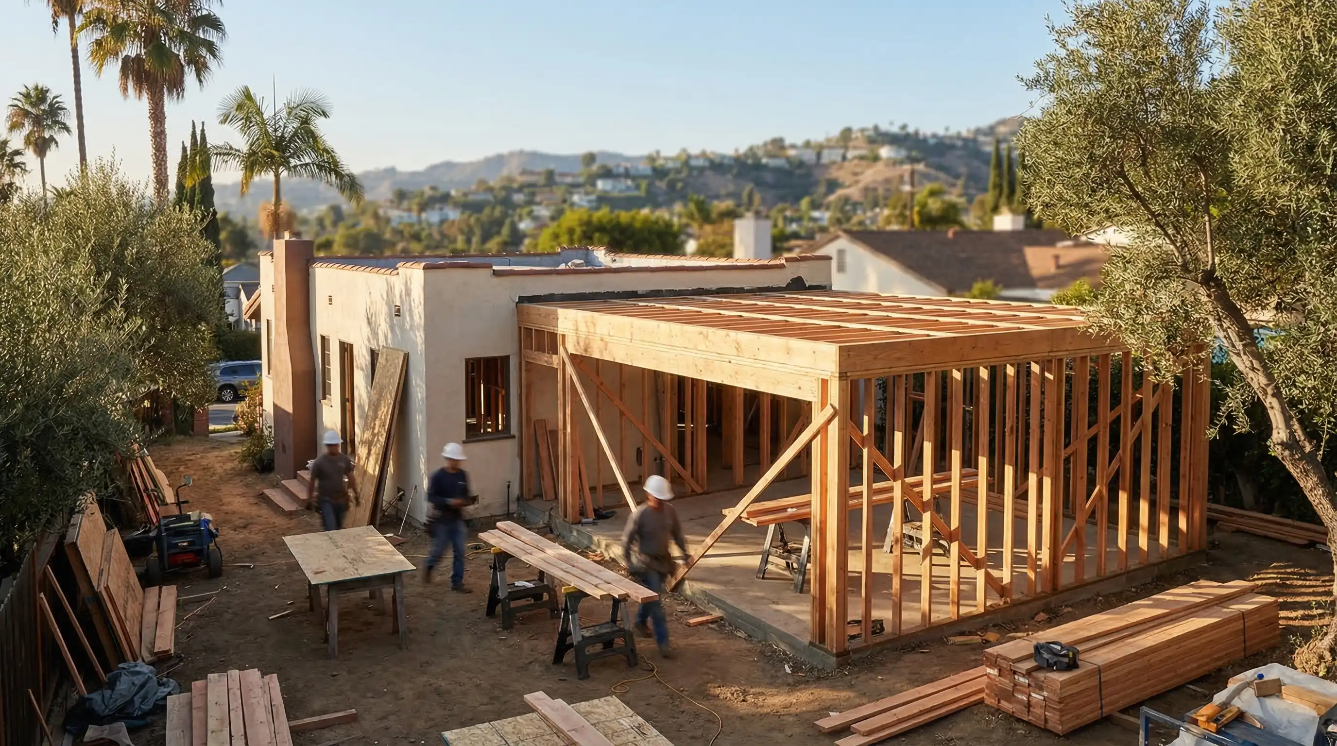 Licensed general contractor reviewing ADU construction plans at a Los Angeles residential job site for construction in Los Angeles, CA