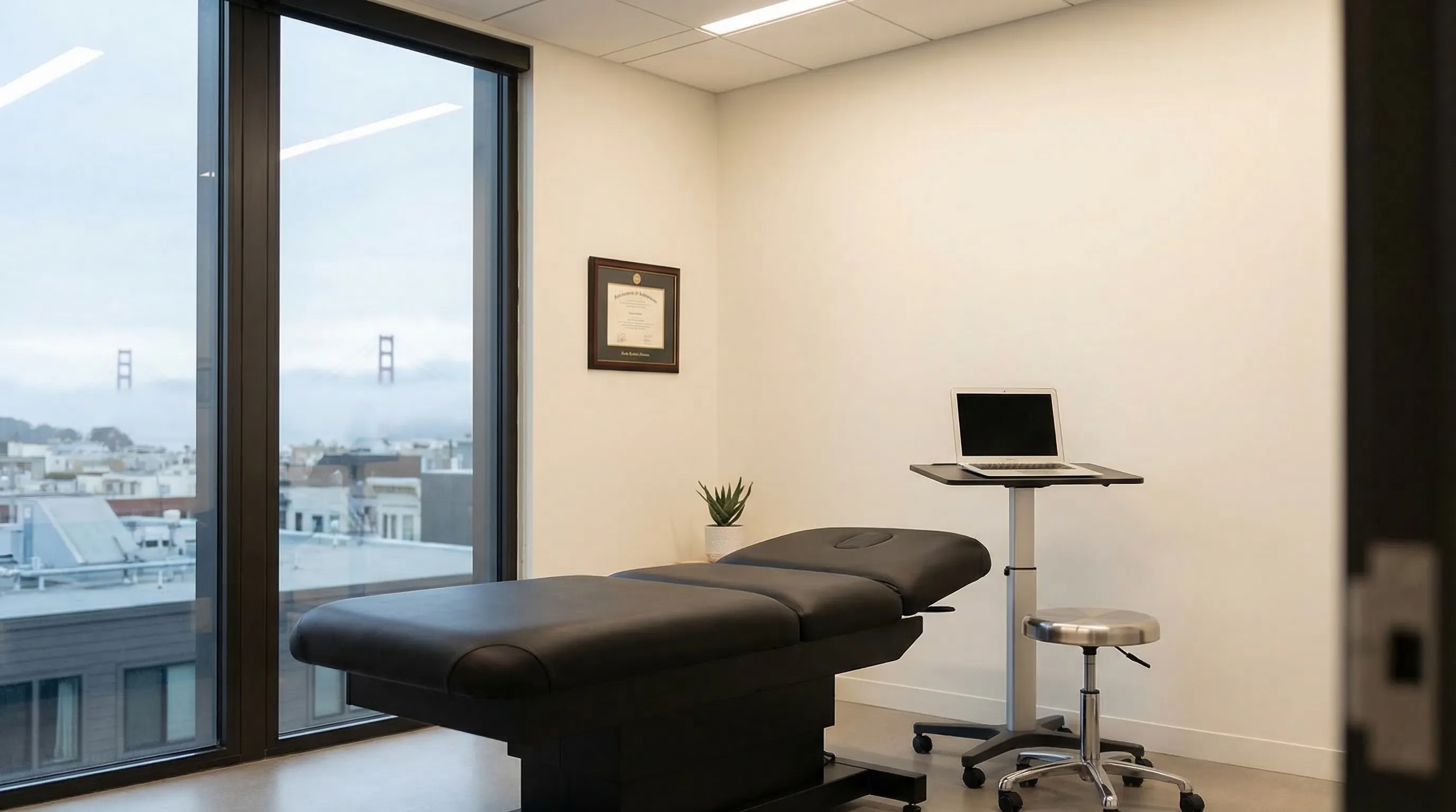 Modern independent medical practice consultation room with San Francisco skyline view for healthcare PPC services in San Francisco, CA