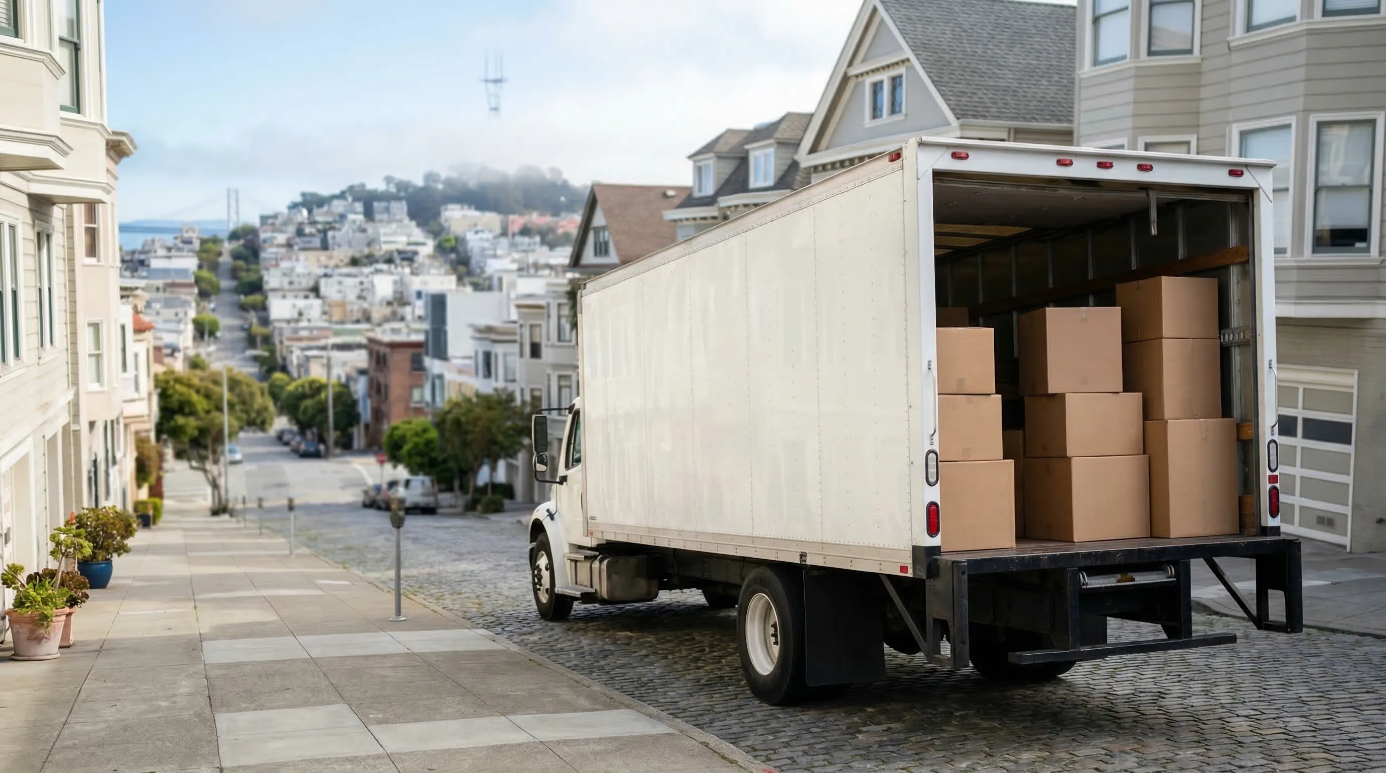 Moving truck on a steep San Francisco hill street with Victorian homes for moving company PPC services in San Francisco, CA