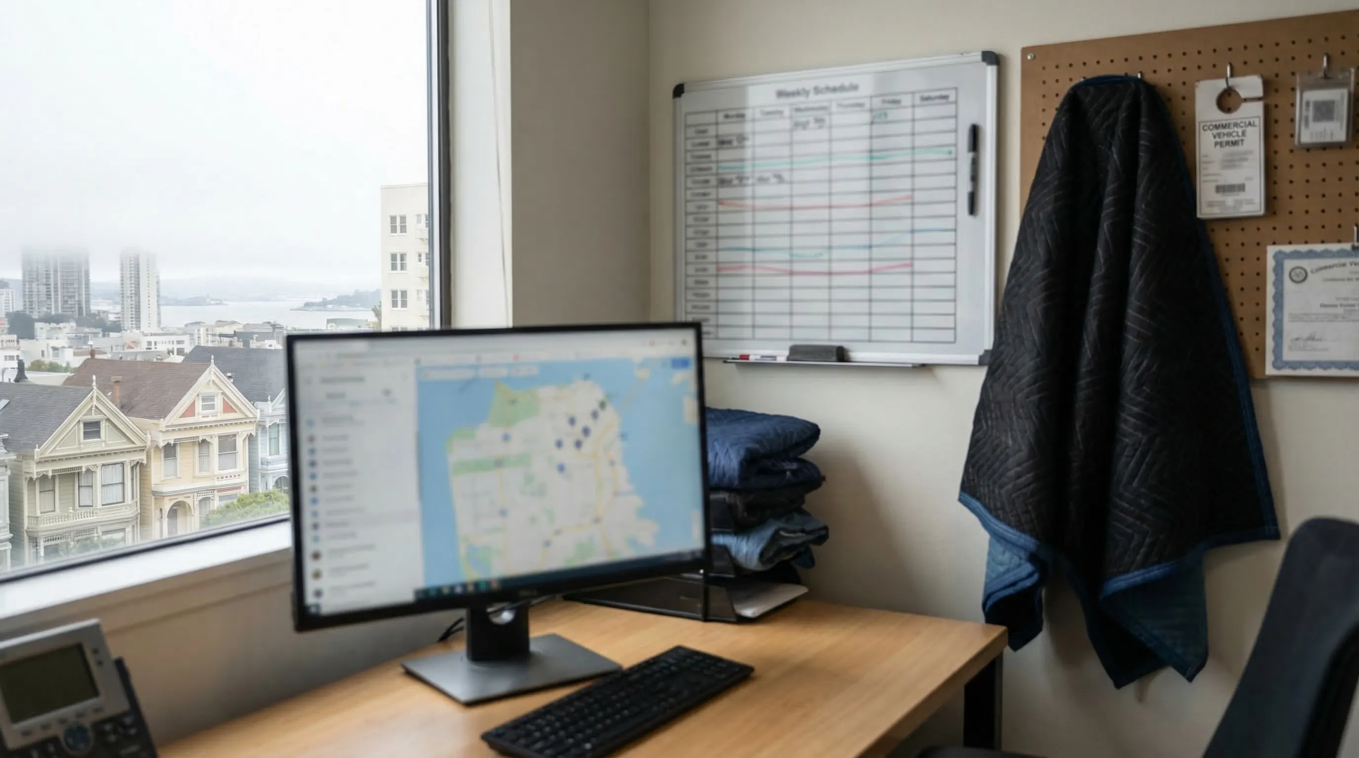 Moving truck on a steep San Francisco hill street with Victorian homes for moving company PPC services in San Francisco, CA