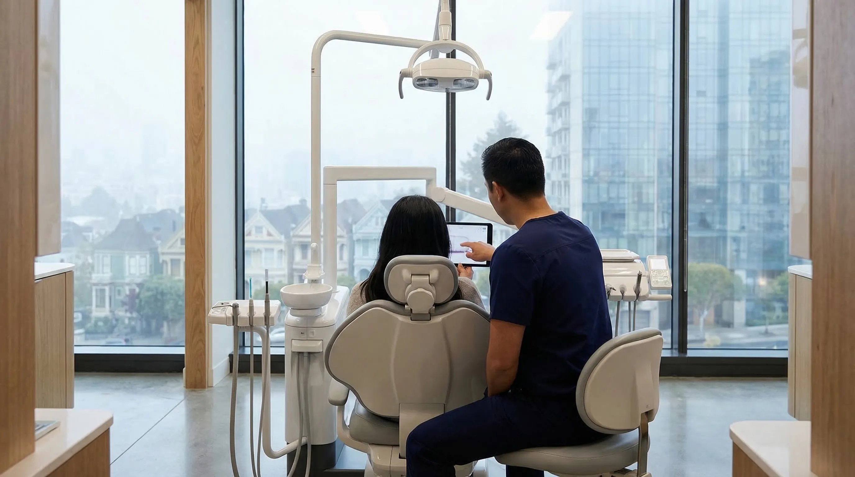 Professional dental practice exterior in a residential San Francisco neighborhood, with modern signage and Chinese-English bilingual branding, morning light, tree-lined street