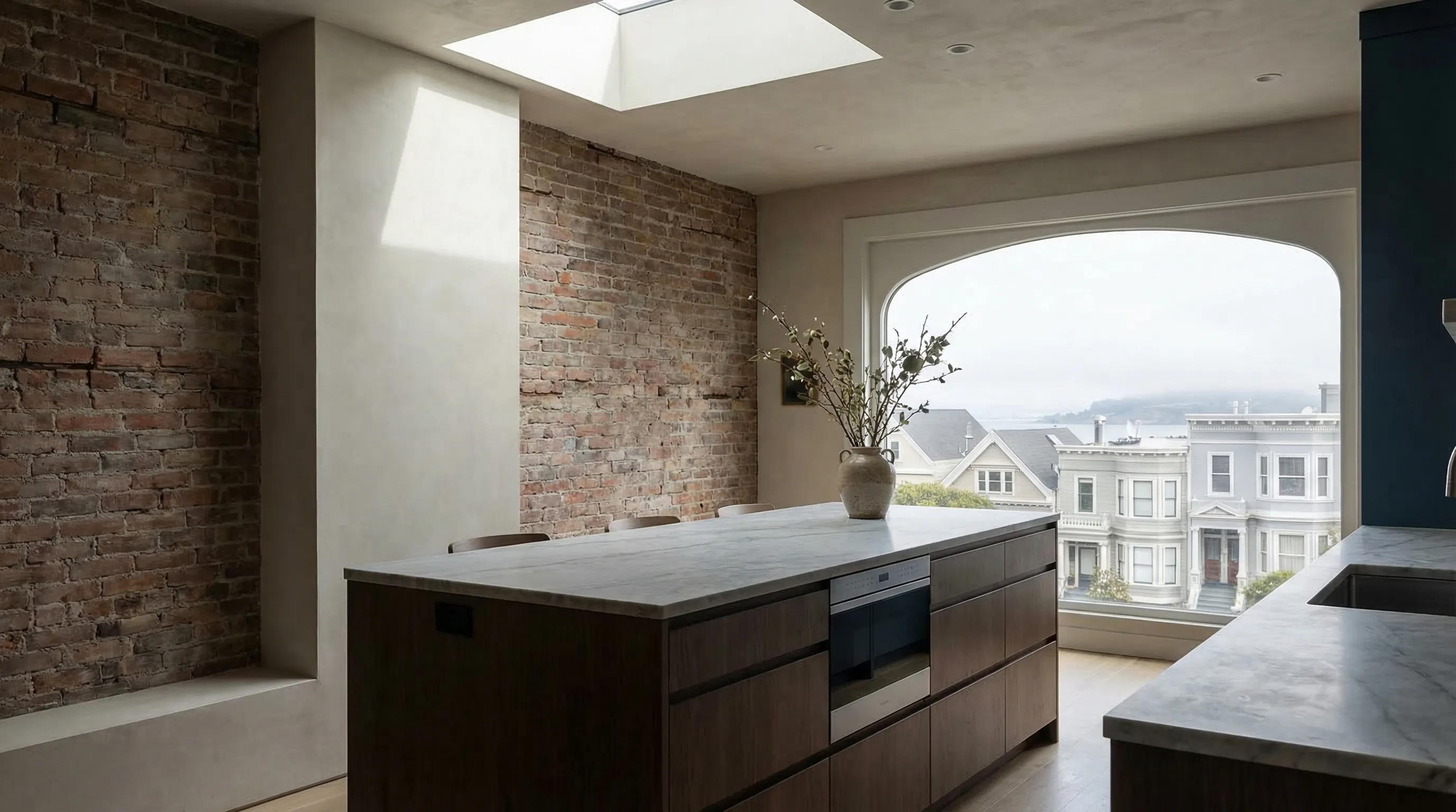 San Francisco Victorian home exterior mid-renovation with scaffold and construction crew, colorful Edwardian facade, SF neighborhood street visible in background