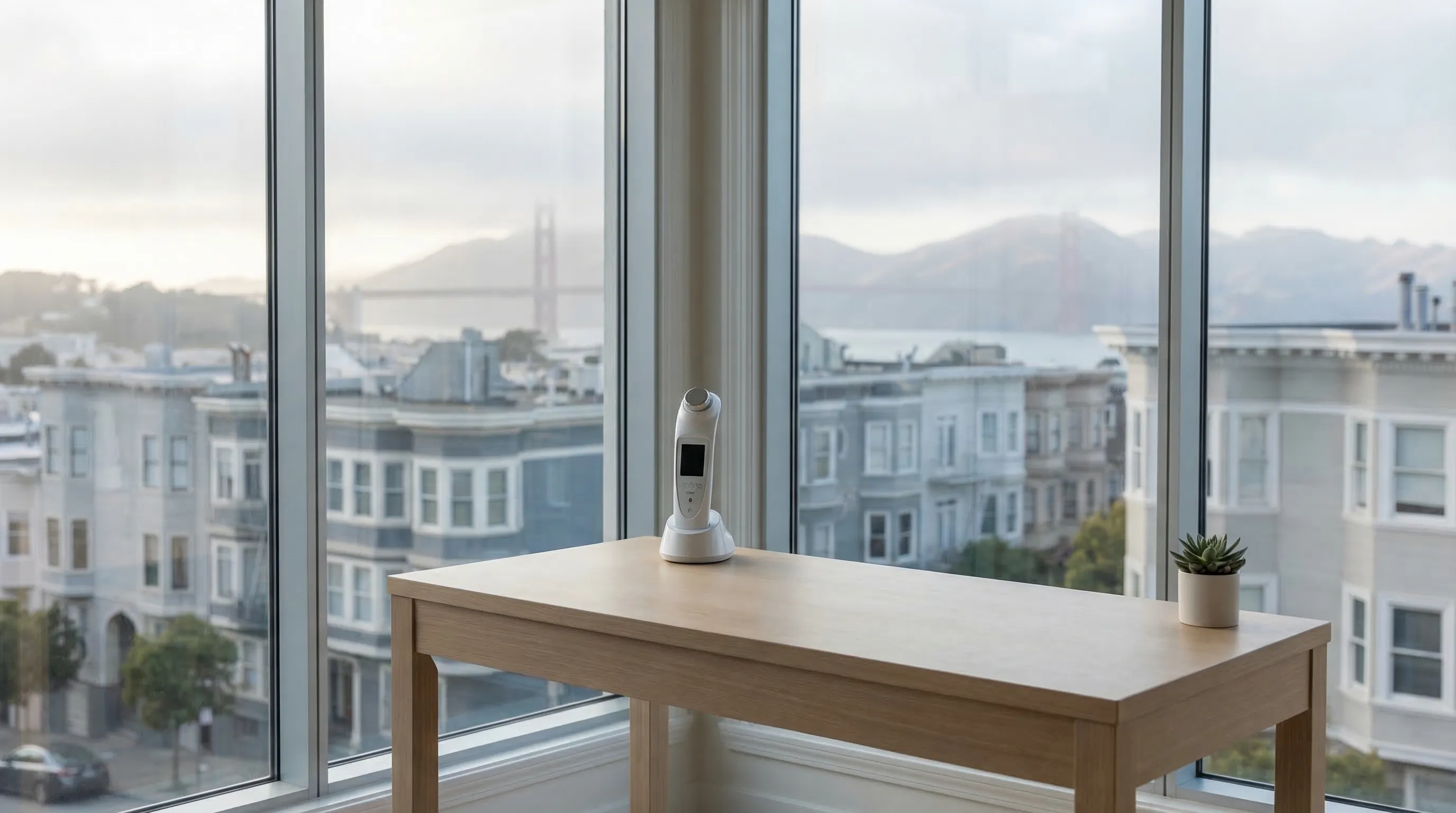 Modern medspa treatment room interior in San Francisco with professional lighting, aesthetic consultation equipment, and SF neighborhood rooftops visible through a large window