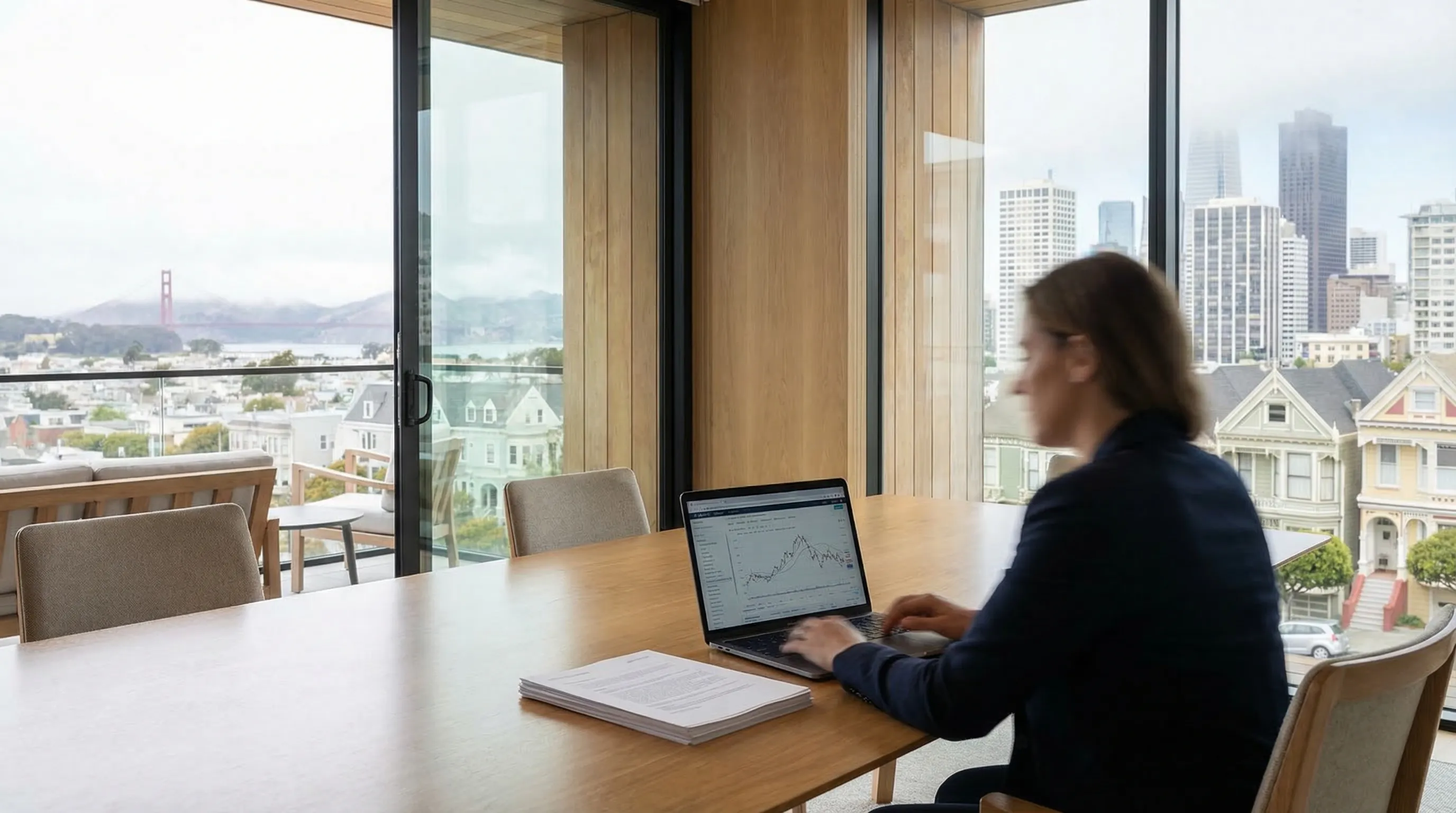 Modern San Francisco financial advisory office interior with advisor and tech professional client reviewing financial plan at a table, floor-to-ceiling windows with SF Bay Bridge view