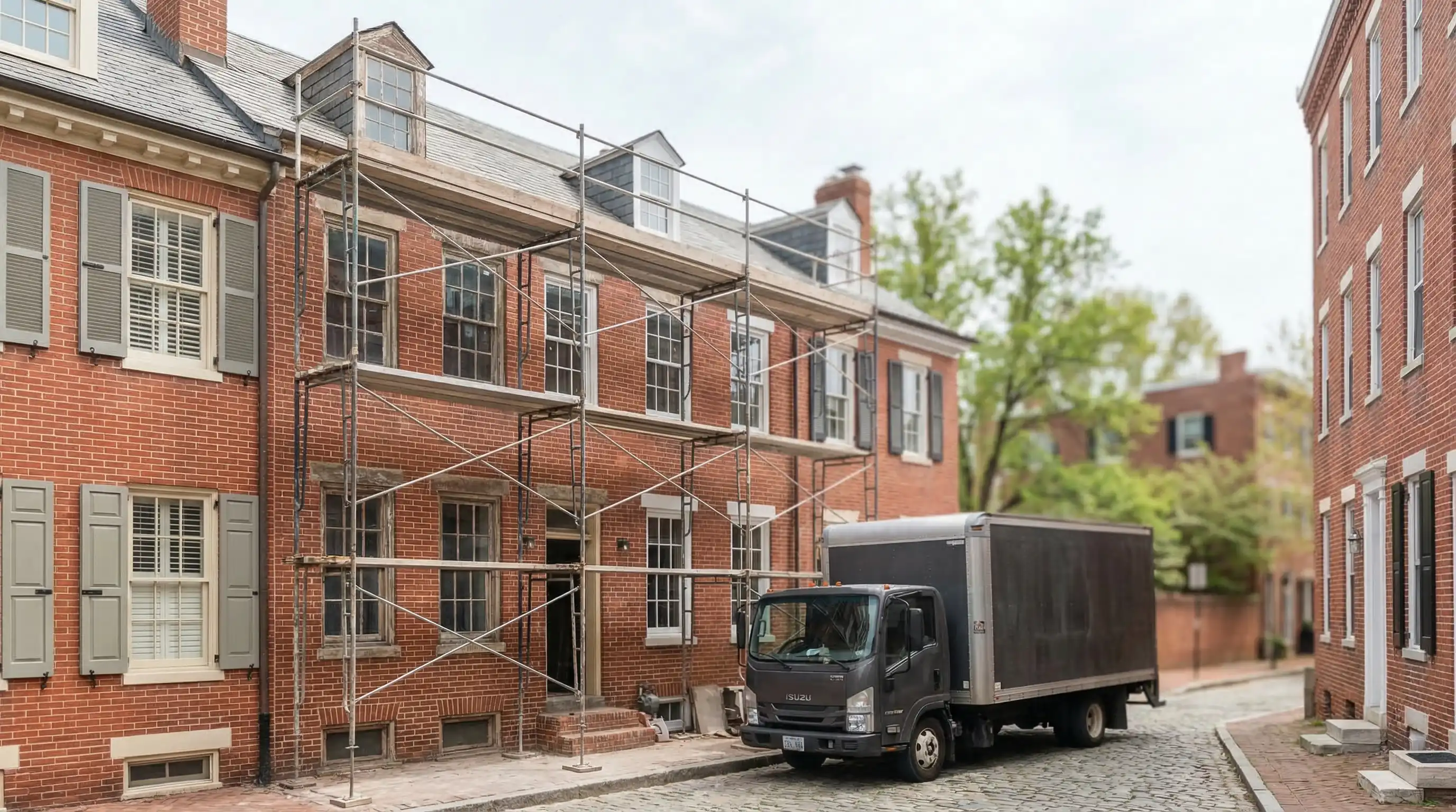 DC Capitol Hill rowhouse renovation exterior with scaffolding and brick restoration work in progress